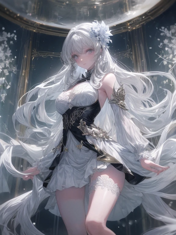 Paradise in Heaven, White lighting,(masutepiece), (Best Quality), (Cinematic), 8K, (art  stations), Li Yue painting style.(長いWhite hairとSilvery eyesを持つ1人の女), (Beautiful delicate face)、[ Particle Lou Full Moon] [Frozen trees々] [landscape crystal] [Lighting] [Ethereal Atmosphere]:1.1] [Fantasy, short story] [soft Lighting] [+Cinematic shot]:1.2 [+art  stations] [+luminous white background] [+soft Lighting] [soft glow] [Creative and dynamic angles]:1.3, [+Crystal Toning] 、masutepiece, ighly detailed, Ultra-detailed, Solo, (pale skin), Silvery eyes, White hair, (snowy background), (snowflake rosen flower:1.0), (shining crystal),, (Snowy ground), (White lashes), Female sexy、dreamy and detailed, Gorgeous setting, 妖しい雰囲気 masutepiece, The most beautiful scenes, An majestic、(((full of white flowers)))、quiet and serene atmosphere、A charming, all white tones,Inside the crystal library,Transparent flowers and falling snow，Many white roses are planted,(flowingwater,falls,water bloom),The decoration is also carefully done.,Dreamy（ighly detailedです，Creative Design，crisp and precise lines，K HD，best qualtiy，tmasterpiece，超hight resolution，4K）、Diverse poses、((beautiful white flower hair ornament))、Beautiful hairstyle、(Best Quality, 4K, 8K, hight resolution, masutepiece:1.2), Ultra-detailed, Detailed expression, Graceful posture, expressive brush strokes, mystic atmosphere, artistic interpretation,Delicate floral jewelry， (((Detailed design、Beautiful lace translucent dress、see-through small dress)))、(SFW:1.5), (Oversized breasts, best body proportions, proportions of large breasts,:1.5),(white decoration on thigh)、((Beautiful crystal accessories on the legs))。((Beautiful crystal accessories on the arm))、(((Design with a wide open chest)))