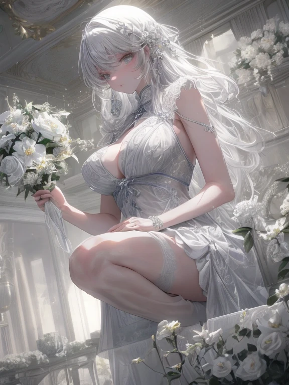 Paradise in Heaven, White lighting,(masutepiece), (Best Quality), (Cinematic), 8K, (art  stations), Li Yue painting style.(長いWhite hairとSilvery eyesを持つ1人の女), (Beautiful delicate face)、[ Particle Lou Full Moon] [Frozen trees々] [landscape crystal] [Lighting] [Ethereal Atmosphere]:1.1] [Fantasy, short story] [soft Lighting] [+Cinematic shot]:1.2 [+art  stations] [+luminous white background] [+soft Lighting] [soft glow] [Creative and dynamic angles]:1.3, [+Crystal Toning] 、masutepiece, ighly detailed, Ultra-detailed, Solo, (pale skin), Silvery eyes, White hair, (snowy background), (snowflake rosen flower:1.0), (shining crystal),, (Snowy ground), (White lashes), Female sexy、dreamy and detailed, Gorgeous setting, 妖しい雰囲気 masutepiece, The most beautiful scenes, An majestic、(((full of white flowers)))、quiet and serene atmosphere、A charming, all white tones,Inside the crystal library,Transparent flowers and falling snow，Many white roses are planted,(flowingwater,falls,water bloom),The decoration is also carefully done.,Dreamy（ighly detailedです，Creative Design，crisp and precise lines，K HD，best qualtiy，tmasterpiece，超hight resolution，4K）、Diverse poses、((beautiful white flower hair ornament))、Beautiful hairstyle、(Best Quality, 4K, 8K, hight resolution, masutepiece:1.2), Ultra-detailed, Detailed expression, Graceful posture, expressive brush strokes, mystic atmosphere, artistic interpretation,Delicate floral jewelry， (((Detailed design、Beautiful lace translucent dress、see-through small dress)))、(SFW:1.5), (Oversized breasts, best body proportions, proportions of large breasts,:1.5),(white decoration on thigh)、((Beautiful crystal accessories on the legs))。((Beautiful crystal accessories on the arm))、(((Design with a wide open chest)))