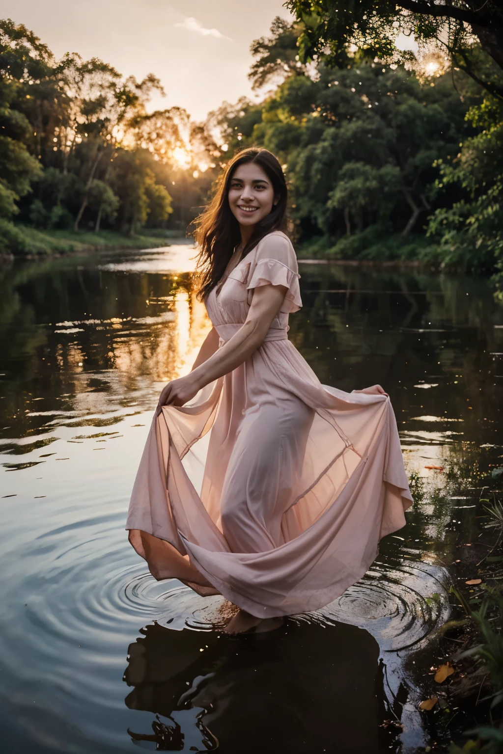 (Altas:1.2),retrato,mulher latina, 30 anos,longos cabelos loiros,hazelnut eyes,sorridente,caminhando em uma floresta com um lago,during a beautiful sunset,soft lighting,atmosfera serena,Natureza,majestic trees,brisa sutil,luscious greenery,calm water surface,Night sky with warm orange and pink tones,Peaceful reflection in the lake,long flowing dress,movimento gracioso,expression joyful,delicate details on facial features,fine strands of hair gently bouncing,gentle caress of sunlight on your skin,harmonious composition of Natureza and beauty