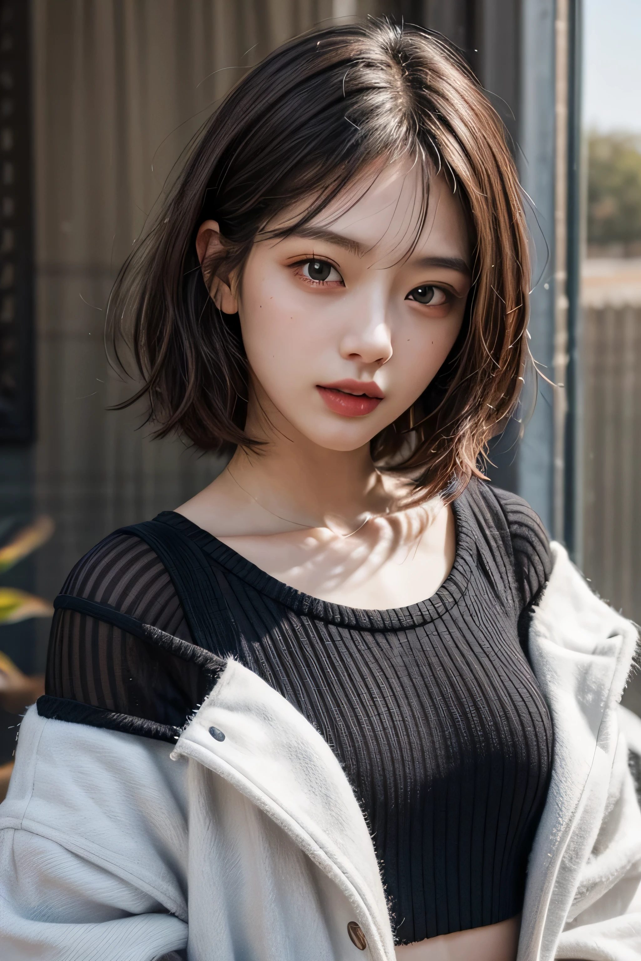 finely detail, hight resolution, in 8K、Brown hair,Photorealism, masutepiece, bobhair_cut、Open mouth, , Small bust, Highly detailed, off shoulders,1 girl