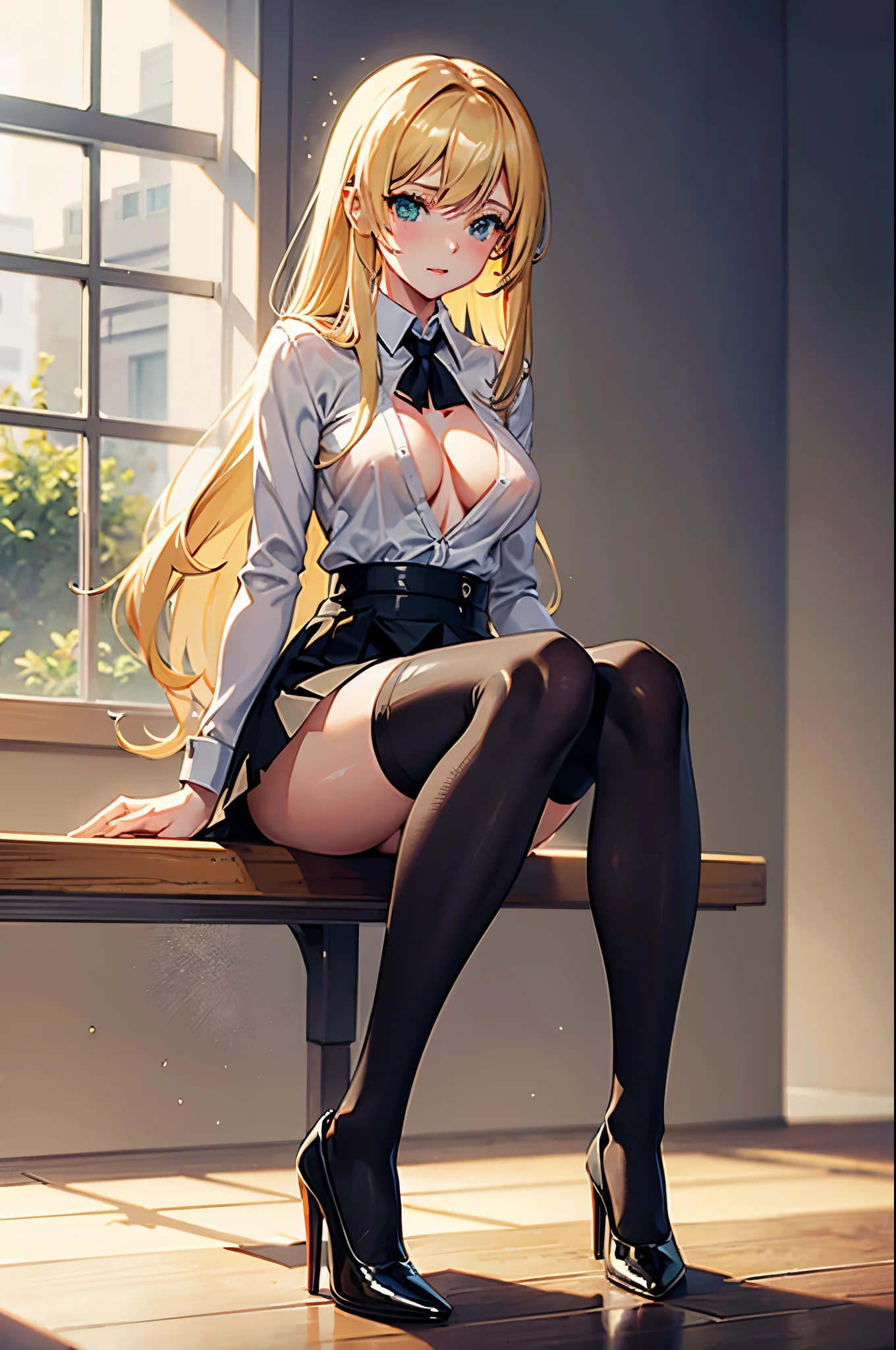 pretty girl, long blonde hair, green eyes, unbuttoned white blouse, torn black tights, black stiletto, black short skirt,  medium breasts, {{{breast grabs}}}, nipple, dildo in pussy, sit on windowsill, orgasm, cum, photorealistic, high quality, Vashti Harrison, wet clothes