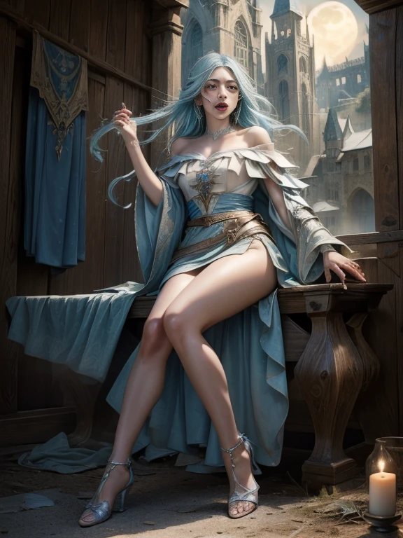 RAW, masterpiece, ultra thin photo, best quality, ultra high resolution, photorealistic, sunlight, (full body portrait:1.5), incredibly beautiful, dynamic poses, delicate face, vibrant eyes, (side view), she is using a long medieval dress, multicolored eyes, light blue hair, (beaufiful legs:1.3), (off-the-shoulder cut top:1.39, medieval city background, highly detailed abandoned, detailed face, detailed and complex busy background, gorgeous, milky white,  Highly detailed skin, realistic skin details, visible pores, sharp focus, volumetric mist, moonlight night, 8k UHD, DSLR camera, high quality, film grain, fair skin, photorealism, lomography, expanding metropolis in medieval dystopia, view from below, translucent, (ahegao:1.5), (rolling eyes:1.5), fainting