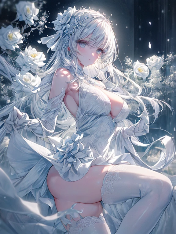 Paradise in Heaven, White lighting,(masutepiece), (Best Quality), (Cinematic), 8K, (art  stations), Li Yue painting style.(長いWhite hairとSilvery eyesを持つ1人の女), (Beautiful delicate face)、[ Particle Lou Full Moon] [Frozen trees々] [landscape crystal] [Lighting] [Ethereal Atmosphere]:1.1] [Fantasy, short story] [soft Lighting] [+Cinematic shot]:1.2 [+art  stations] [+luminous white background] [+soft Lighting] [soft glow] [Creative and dynamic angles]:1.3, [+Crystal Toning] 、masutepiece, ighly detailed, Ultra-detailed, Solo, (pale skin), Silvery eyes, White hair, (snowy background), (snowflake rosen flower:1.0), (shining crystal),, (Snowy ground), (White lashes), Female sexy、dreamy and detailed, Gorgeous setting, 妖しい雰囲気 masutepiece, The most beautiful scenes, An majestic、(((full of white flowers)))、quiet and serene atmosphere、A charming, all white tones,Inside the crystal library,Transparent flowers and falling snow，Many white roses are planted,(flowingwater,falls,water bloom),The decoration is also carefully done.,Dreamy（ighly detailedです，Creative Design，crisp and precise lines，K HD，best qualtiy，tmasterpiece，超hight resolution，4K）、Diverse poses、((beautiful white flower hair ornament))、Beautiful hairstyle、(Best Quality, 4K, 8K, hight resolution, masutepiece:1.2), Ultra-detailed, Detailed expression, Graceful posture, expressive brush strokes, mystic atmosphere, artistic interpretation,Delicate floral jewelry， (((Detailed design、Beautiful lace translucent dress、see-through small dress)))、(SFW:1.5), (Oversized breasts, best body proportions, proportions of large breasts,:1.5),(white decoration on thigh)、((Beautiful crystal accessories on the legs))。((Beautiful crystal accessories on the arm))、(((Design with a wide open chest)))
