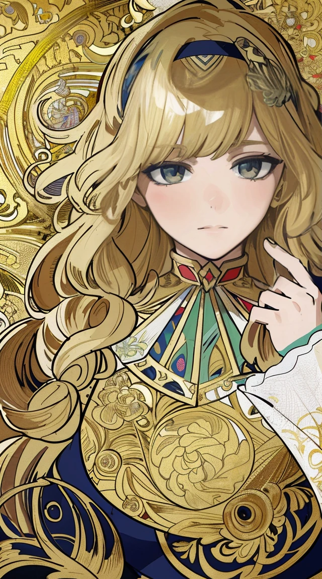 face portrait of a European female , long curly hair, blond, floral frame, Decorative panels, abstract artistic, by Alphonse Mucha (Masterpiece, Best Quality, Highres:1.4), Detailed, Intricate Details, 4K, color splashes, line art, fibonacci,