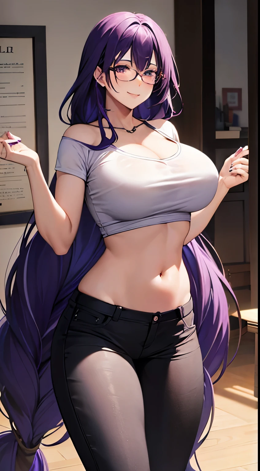 1 milf, long purple hair, very big breasts, very sexy body, smiling, wearing glasses, wearing a white t-shirt that shows his sexy stomach, wearing black pants