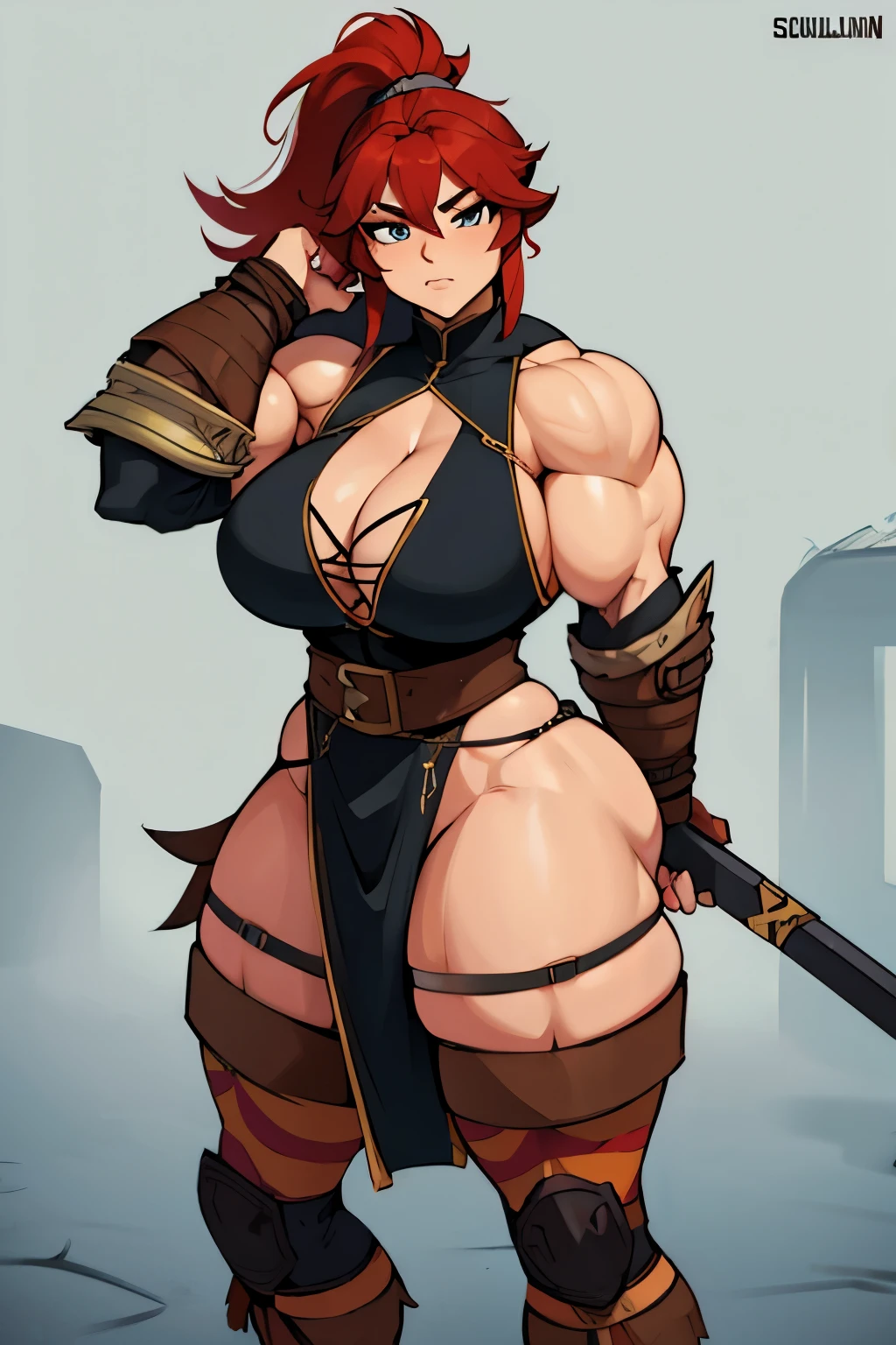 full color 8k,Female Barbarian,Chunky muscles,confident facial expression,Red-haired ponytail,s Armor,cloaks,Shoulder pats,With weapons