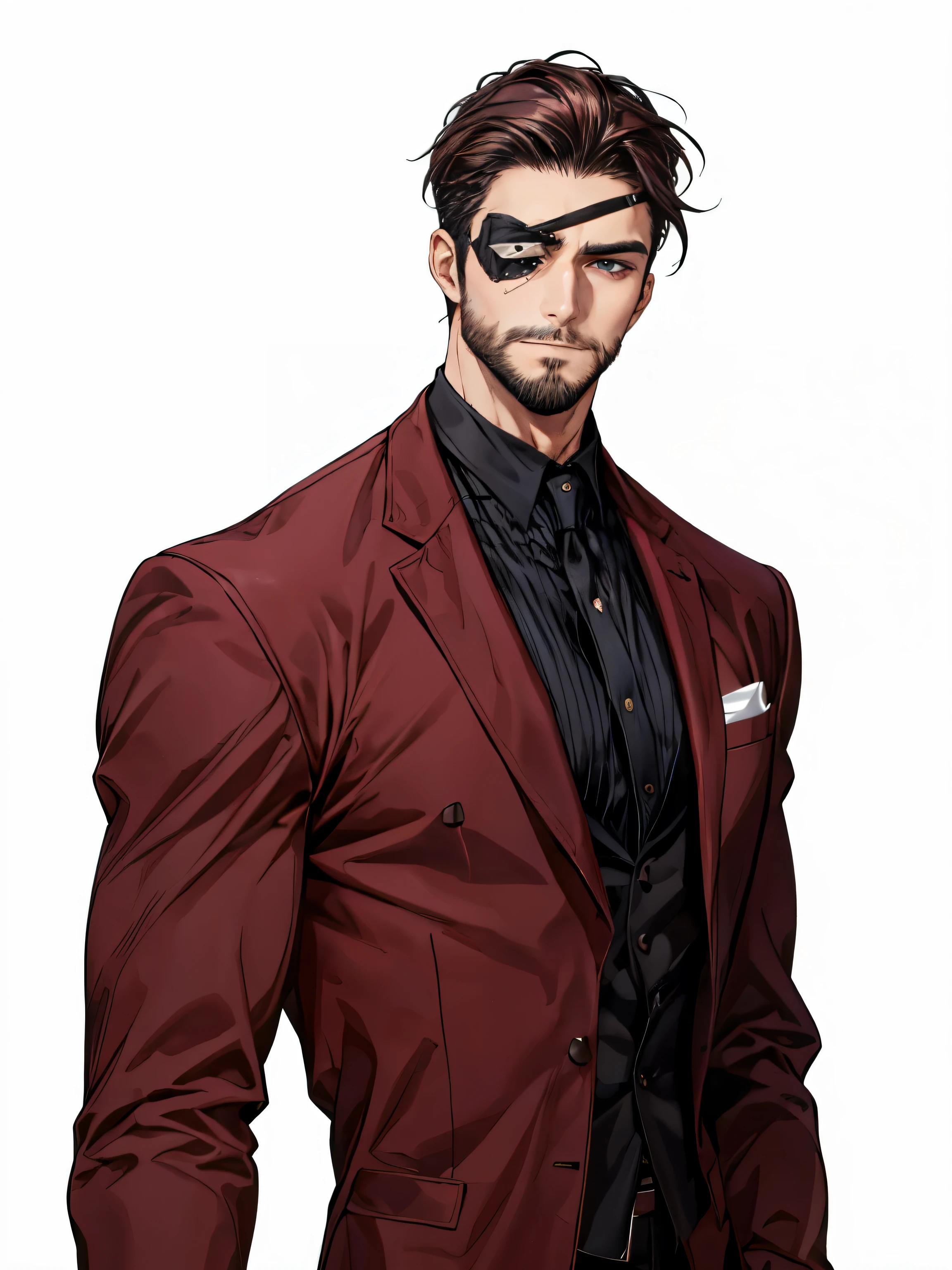 male people,There is a beard on the chin,Strong,Handsome,Handsome,dark colored hair,dark-red suit,black shirt,(Wears a black eye patch)