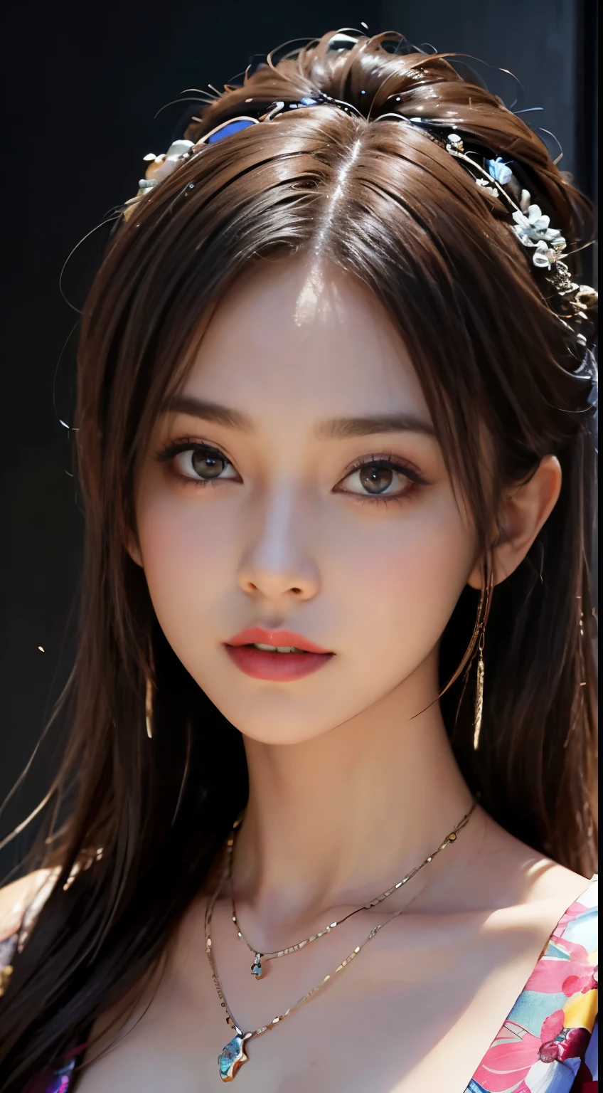 (masterpiece)、(top-quality)、(Realistic)、Charming daughter、Portrait of a beautiful girl、1girl in、Beautiful clear eyes and detailed eyes、Glitter eyes、Shining Ace Perfect、Perfect eyes、Perfect iris、Perfect lips、perfect teeth、flawless skin、Beautiful nose、Beautiful mouth、beautiful lip skin、portrait shooting、Professional artwork、in 8K、Photorealsitic、Beautiful embroidered kimono、Elegant face、perfect anatomia、Perfect female body:1.4、Ultra-realistic painting:1.4、Ultra-precision painting:1.4、nffsw:1.4、corporate offices、Raw photography、a necklace、耳环、magnifica、Breast size is F cup