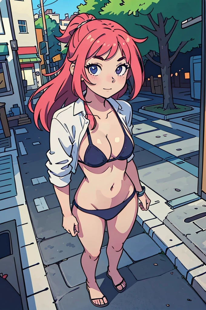 (mejor calidad: 0.8), (mejor calidad: 0.8), perfect anime illustration, retrato de primer plano extremo de una mujer bonita caminando por la ciudad, wearing no pants, no bra, no thong, rear view