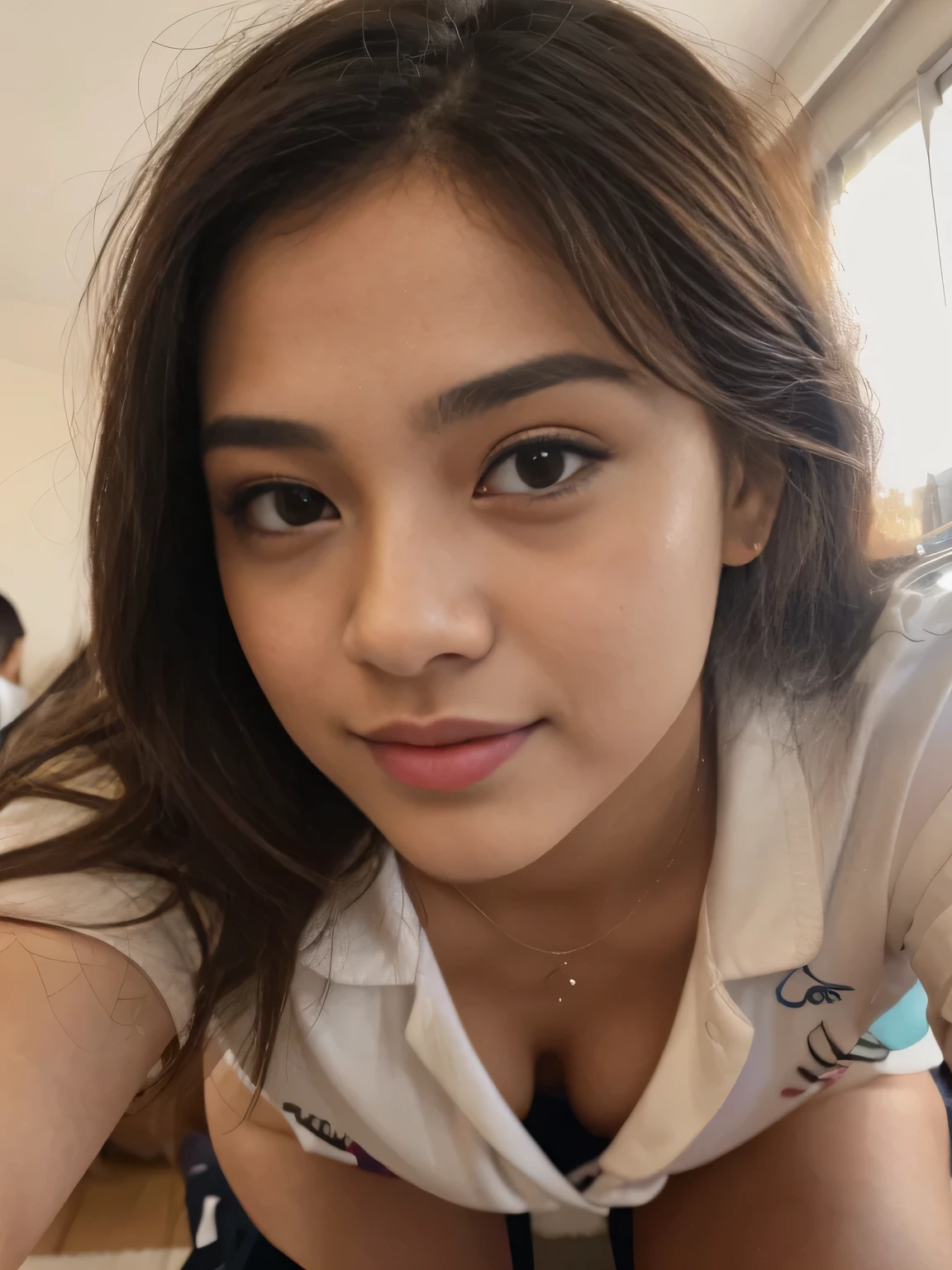 1girl, (Indonesian_high_school), classroom, detailed face, detailed eyes, huge breasts, shiny skin, looking at the audience, (laughing cute: 1.2), (happy), (8k, RAW photo, best quality, masterpiece: 1.2), (realistic, realistic: 1.37), ultra-high resolution