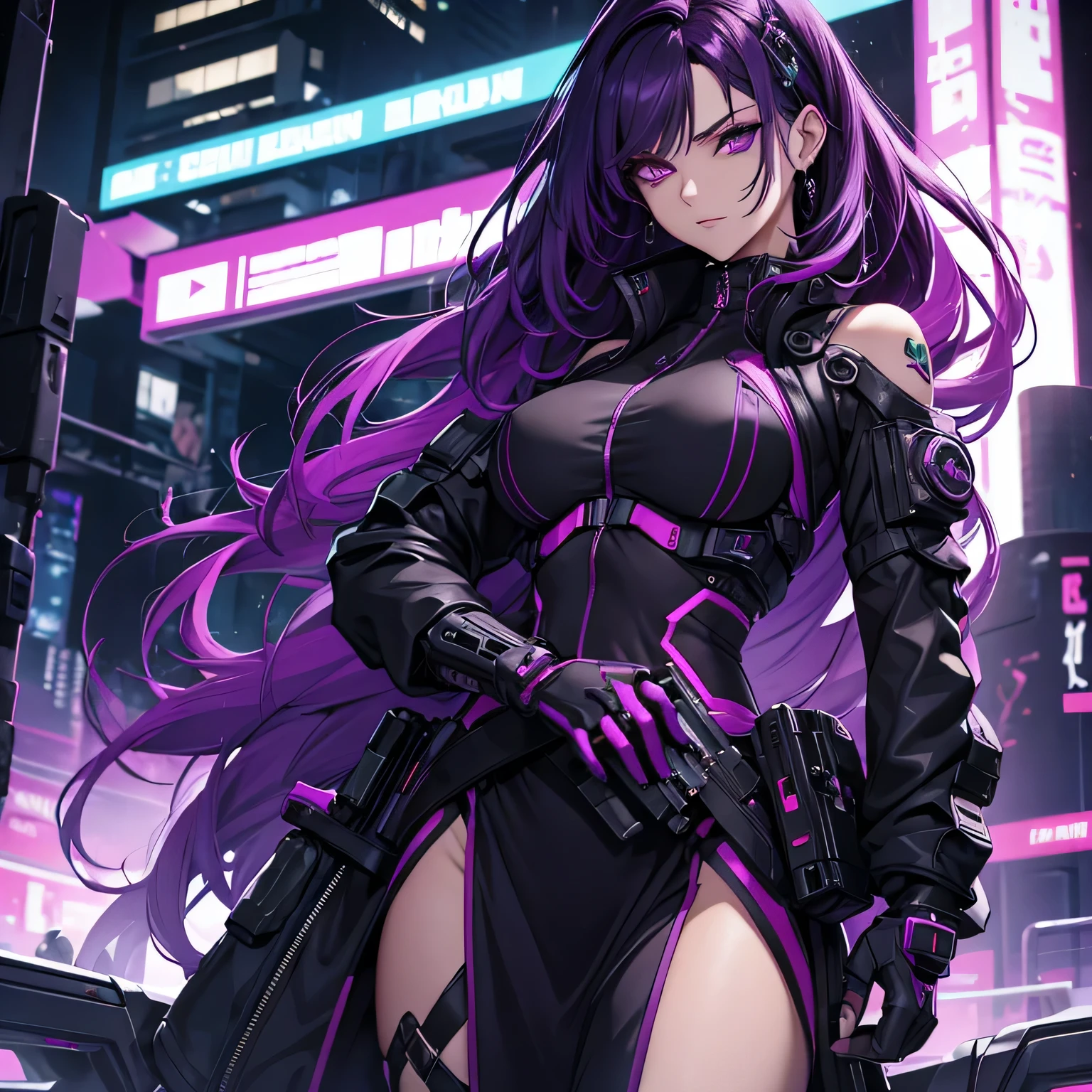 mulher cyberpunk, cabelo ondulado roxo escuro repartido lateralmente, olhos magenta, crossing your arms seductively, one arm is cybernetic, the other is human, roupas pretas desonestas, arma na cintura