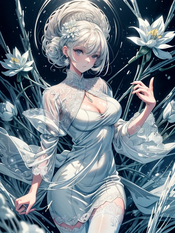 Paradise in Heaven, White lighting,(masutepiece), (Best Quality), (Cinematic), 8K, (art  stations), Li Yue painting style.(長いWhite hairとSilvery eyesを持つ1人の女), (Beautiful delicate face)、[ Particle Lou Full Moon] [Frozen trees々] [landscape crystal] [Lighting] [Ethereal Atmosphere]:1.1] [Fantasy, short story] [soft Lighting] [+Cinematic shot]:1.2 [+art  stations] [+luminous white background] [+soft Lighting] [soft glow] [Creative and dynamic angles]:1.3, [+Crystal Toning] 、masutepiece, ighly detailed, Ultra-detailed, Solo, (pale skin), Silvery eyes, White hair, (snowy background), (snowflake rosen flower:1.0), (shining crystal),, (Snowy ground), (White lashes), Female sexy、dreamy and detailed, Gorgeous setting, 妖しい雰囲気 masutepiece, The most beautiful scenes, An majestic、(((full of white flowers)))、quiet and serene atmosphere、A charming, all white tones,Inside the crystal library,Transparent flowers and falling snow，Many white roses are planted,(flowingwater,falls,water bloom),The decoration is also carefully done.,Dreamy（ighly detailedです，Creative Design，crisp and precise lines，K HD，best qualtiy，tmasterpiece，超hight resolution，4K）、Diverse poses、((beautiful white flower hair ornament))、Beautiful hairstyle、(Best Quality, 4K, 8K, hight resolution, masutepiece:1.2), Ultra-detailed, Detailed expression, Graceful posture, expressive brush strokes, mystic atmosphere, artistic interpretation,Delicate floral jewelry， (((Detailed design、Beautiful lace translucent dress、see-through small dress)))、(SFW:1.5), (Oversized breasts, best body proportions, proportions of large breasts,:1.5),(white decoration on thigh)、((Beautiful crystal accessories on the legs))。((Beautiful crystal accessories on the arm))、(((Design with a wide open chest)))