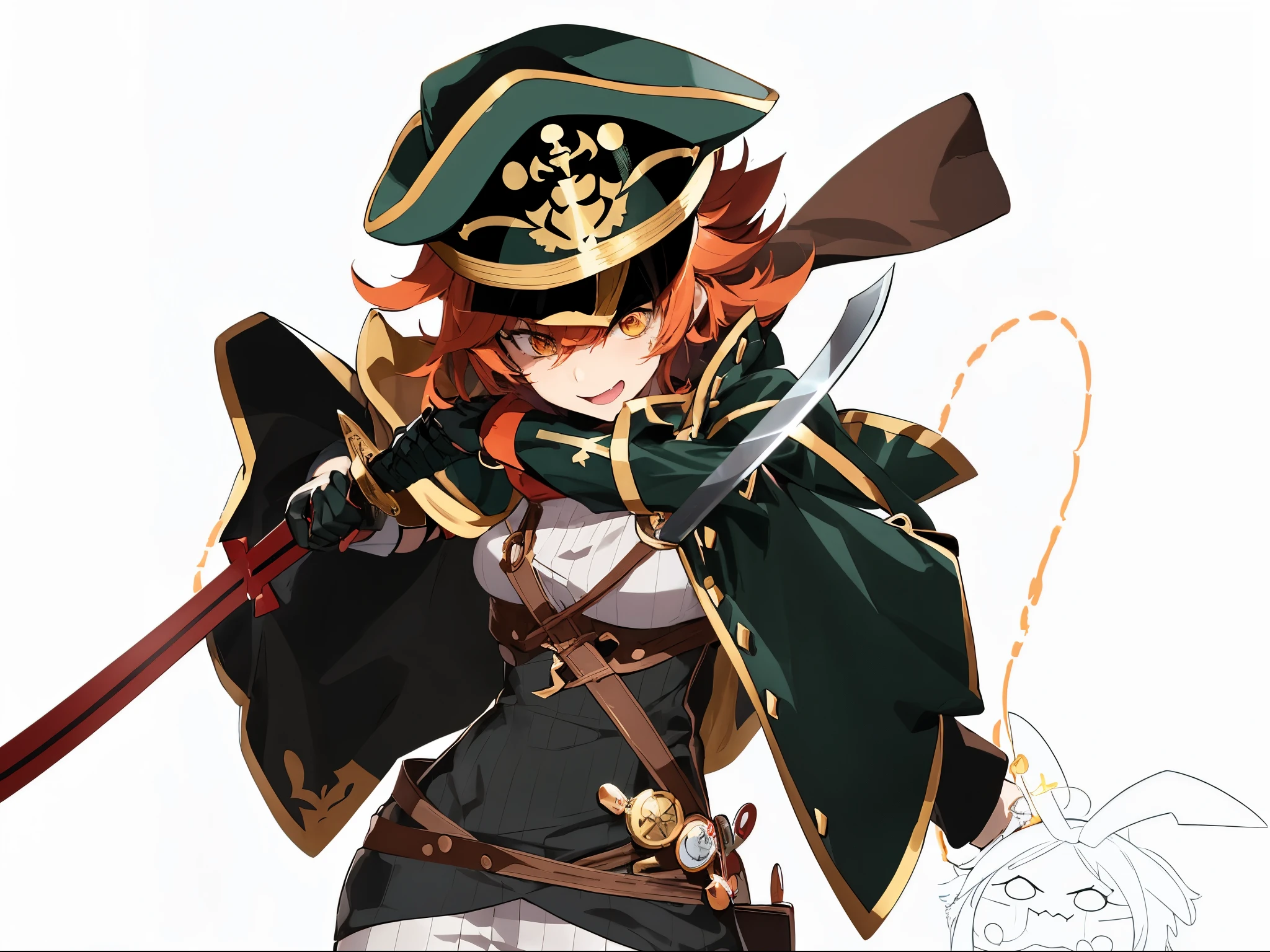 anime character dressed in a pirate costume holding a sword and a hat, zerochan, marin kitagawa fanart, zerochan art, female protagonist 👀 :8, official character art, detailed anime character art, orange - haired anime boy, official art, cushart krenz, illustrious makinami, key anime art, best anime character design, inspired by Li Chevalier