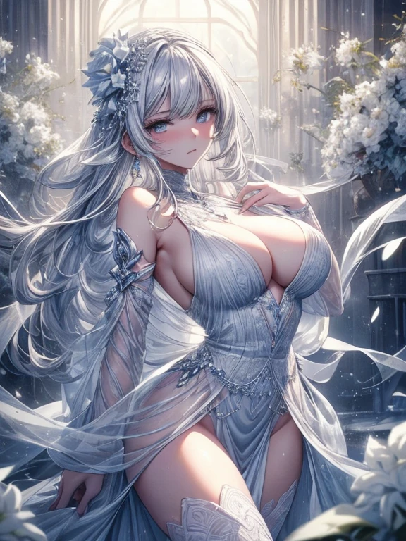 Paradise in Heaven, White lighting,(masutepiece), (Best Quality), (Cinematic), 8K, (art  stations), Li Yue painting style.(長いWhite hairとSilvery eyesを持つ1人の女), (Beautiful delicate face)、[ Particle Lou Full Moon] [Frozen trees々] [landscape crystal] [Lighting] [Ethereal Atmosphere]:1.1] [Fantasy, short story] [soft Lighting] [+Cinematic shot]:1.2 [+art  stations] [+luminous white background] [+soft Lighting] [soft glow] [Creative and dynamic angles]:1.3, [+Crystal Toning] 、masutepiece, ighly detailed, Ultra-detailed, Solo, (pale skin), Silvery eyes, White hair, (snowy background), (snowflake rosen flower:1.0), (shining crystal),, (Snowy ground), (White lashes), Female sexy、dreamy and detailed, Gorgeous setting, 妖しい雰囲気 masutepiece, The most beautiful scenes, An majestic、(((full of white flowers)))、quiet and serene atmosphere、A charming, all white tones,Inside the crystal library,Transparent flowers and falling snow，Many white roses are planted,(flowingwater,falls,water bloom),The decoration is also carefully done.,Dreamy（ighly detailedです，Creative Design，crisp and precise lines，K HD，best qualtiy，tmasterpiece，超hight resolution，4K）、Diverse poses、((beautiful white flower hair ornament))、Beautiful hairstyle、(Best Quality, 4K, 8K, hight resolution, masutepiece:1.2), Ultra-detailed, Detailed expression, Graceful posture, expressive brush strokes, mystic atmosphere, artistic interpretation,Delicate floral jewelry， (((Detailed design、Beautiful lace translucent dress、see-through small dress)))、(SFW:1.5), (Oversized breasts, best body proportions, proportions of large breasts,:1.5),(white decoration on thigh)、((Beautiful crystal accessories on the legs))。((Beautiful crystal accessories on the arm))、(((Design with a wide open chest)))