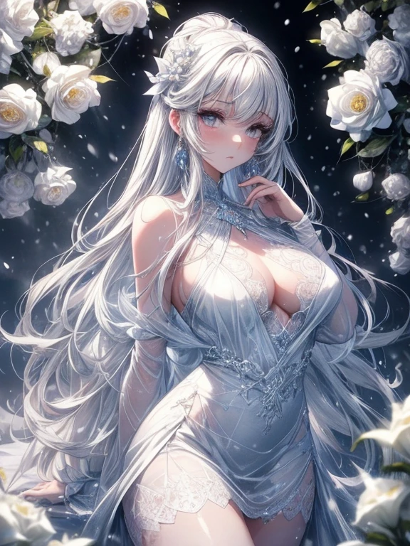 Paradise in Heaven, White lighting,(masutepiece), (Best Quality), (Cinematic), 8K, (art  stations), Li Yue painting style.(長いWhite hairとSilvery eyesを持つ1人の女), (Beautiful delicate face)、[ Particle Lou Full Moon] [Frozen trees々] [landscape crystal] [Lighting] [Ethereal Atmosphere]:1.1] [Fantasy, short story] [soft Lighting] [+Cinematic shot]:1.2 [+art  stations] [+luminous white background] [+soft Lighting] [soft glow] [Creative and dynamic angles]:1.3, [+Crystal Toning] 、masutepiece, ighly detailed, Ultra-detailed, Solo, (pale skin), Silvery eyes, White hair, (snowy background), (snowflake rosen flower:1.0), (shining crystal),, (Snowy ground), (White lashes), Female sexy、dreamy and detailed, Gorgeous setting, 妖しい雰囲気 masutepiece, The most beautiful scenes, An majestic、(((full of white flowers)))、quiet and serene atmosphere、A charming, all white tones,Inside the crystal library,Transparent flowers and falling snow，Many white roses are planted,(flowingwater,falls,water bloom),The decoration is also carefully done.,Dreamy（ighly detailedです，Creative Design，crisp and precise lines，K HD，best qualtiy，tmasterpiece，超hight resolution，4K）、Diverse poses、((beautiful white flower hair ornament))、Beautiful hairstyle、(Best Quality, 4K, 8K, hight resolution, masutepiece:1.2), Ultra-detailed, Detailed expression, Graceful posture, expressive brush strokes, mystic atmosphere, artistic interpretation,Delicate floral jewelry， (((Detailed design、Beautiful lace translucent dress、see-through small dress)))、(SFW:1.5), (Oversized breasts, best body proportions, proportions of large breasts,:1.5),(white decoration on thigh)、((Beautiful crystal accessories on the legs))。((Beautiful crystal accessories on the arm))、(((Design with a wide open chest)))