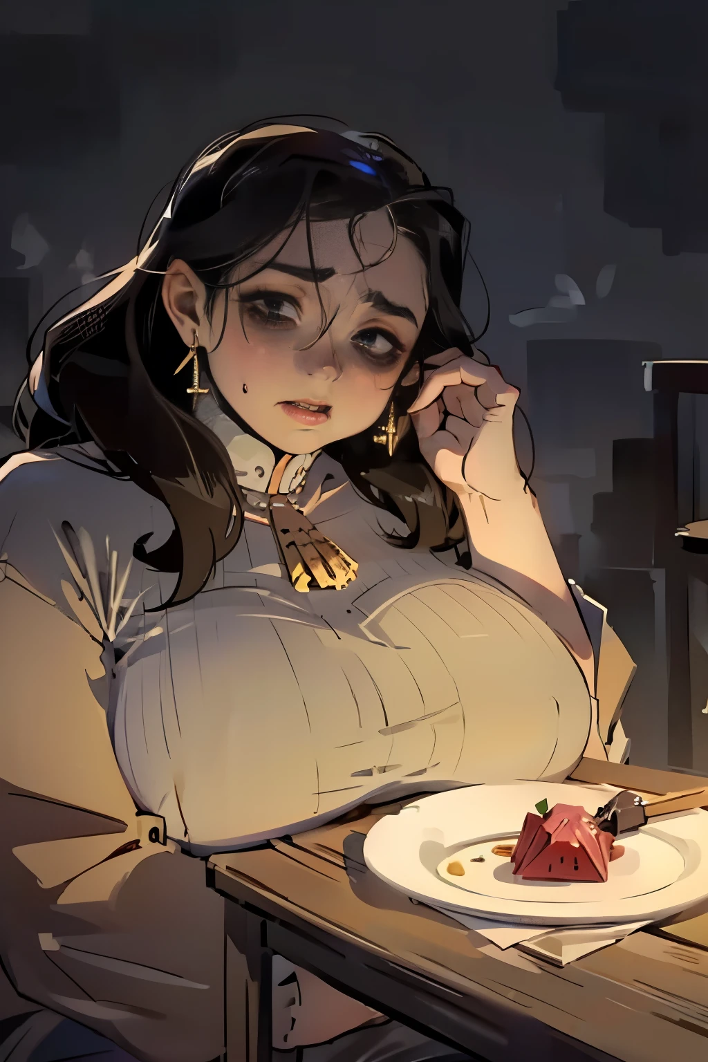 (masterpiece:1.3) 1 elegant woman, woman in elegant cocktail dress sitting at a table, deep shadows , extreme details, , complimentary lighting colors, 1girl girl, love handles, Fat Rolls, , necklace, diamonds, ((elbows on table, head in hands)), red cheeks, messy hair in face, unique forehead, large nose, dark eyebrows, pronounced upper lip shape, tall face, bags under eyes