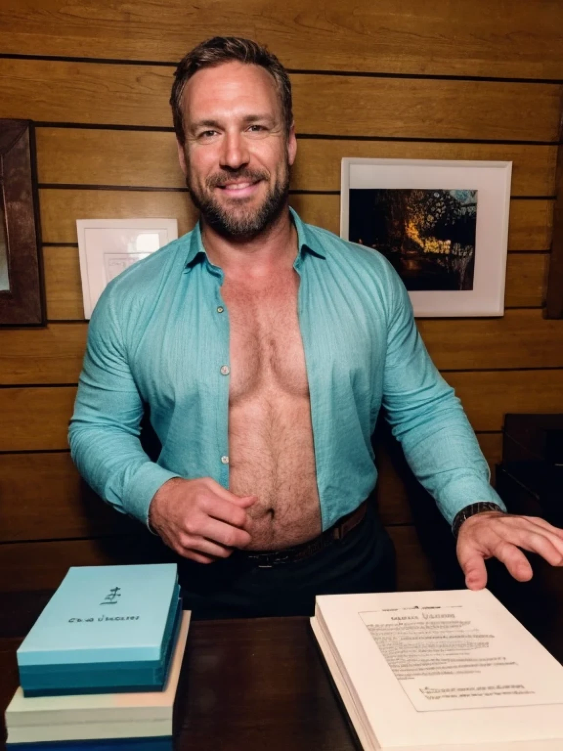 Certainly, here you go! color photo of a beefy businessman with an unbuttoned shirt that reveals his hairy chest, glistening with sweat, and his muscular arms that bulge with veins. He's wearing a thick gold chain that glimmers in the light, and his confident smirk suggests he knows he's in control. The background is a dimly lit office with wooden paneling on the walls and expensive artwork hanging. The atmosphere is tense, as if the businessman is about to make a deal that will change the course of his career. The camera used to capture this image is a vintage Nikon F3 with a 50mm lens, shooting on Kodak Portra 400 film. It was shot with a shallow depth of field to highlight the businessman's impressive physique. Some directors, cinematographers, photographers, fashion designers who would be unlikely to collaborate but would juxtapose uniquely include David Fincher, Emmanuel Lubezki, Annie Leibovitz, and Donatella Versace. --ar 12:8 --niji 5