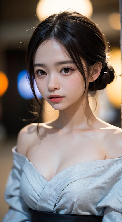 (masterpiece, best quality:1.4), beautiful face, 8k, 85mm, absurdreloral pattern yukata:1.4), (off-the-shoulder:1.5), violaceaess, gardeniass, delicate girl, solo, night, looking at viewer, upper body, film grain, chromatic aberration, sharp focus, facelight, professional lighting, sophisticated, (smile:0.4), ( background, bokeh background:1.2), detail face