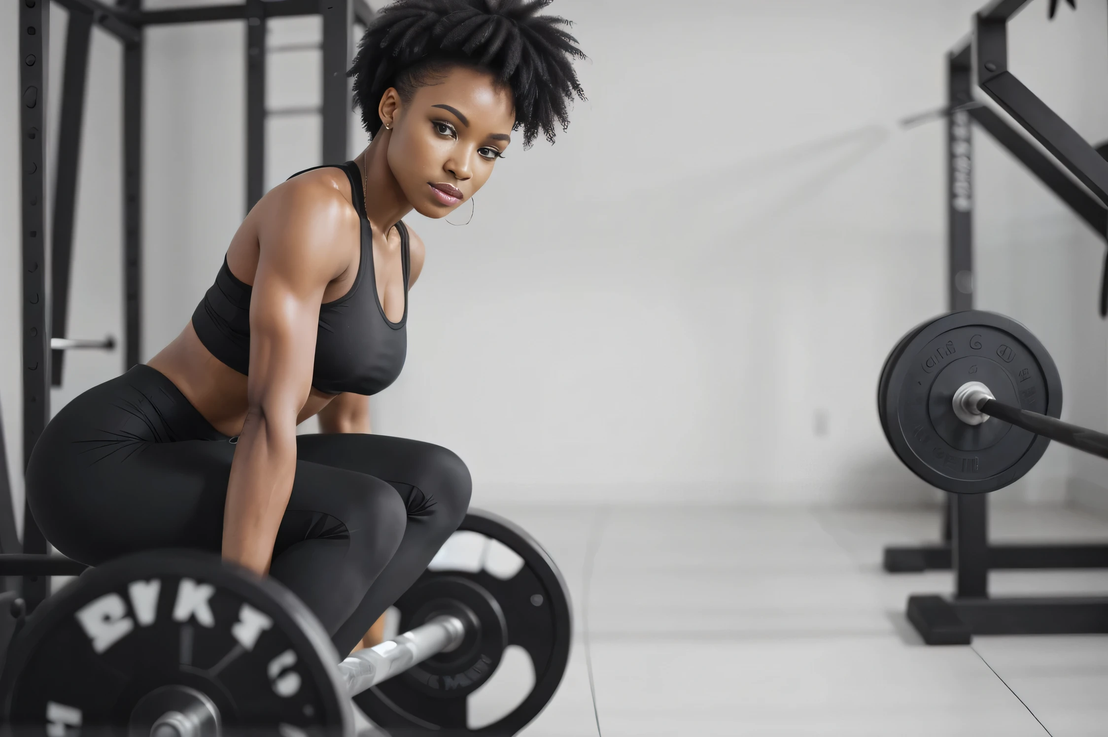 RAW photo, 3/4 body portrait of a beautiful black women very similar to Refiloe Phoolo. She lifts weights. She is wearing black leggings and black fitness top. Gym in the background (high detailed skin:1.2), 8k uhd, dslr, soft lighting, high quality, film grain, Fujifilm XT3