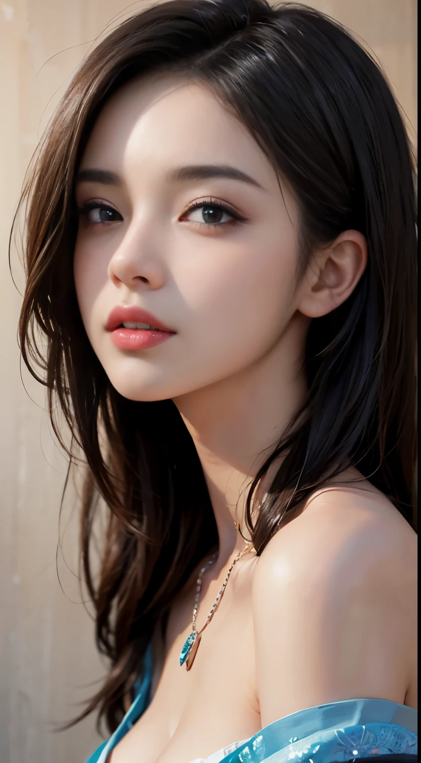 (masterpiece)、(top-quality)、(Realistic)、Charming daughter、Portrait of a beautiful girl、1girl in、Beautiful clear eyes and detailed eyes、Glitter eyes、Shining Ace Perfect、Perfect eyes、Perfect iris、Perfect lips、perfect teeth、flawless skin、Beautiful nose、Beautiful mouth、beautiful lip skin、portrait shooting、Professional artwork、in 8K、Photorealsitic、Beautiful embroidered kimono、Elegant face、perfect anatomia、Perfect female body:1.4、Ultra-realistic painting:1.4、Ultra-precision painting:1.4、nffsw:1.4、corporate offices、Raw photography、a necklace、耳环、magnifica、Breast size is F cup