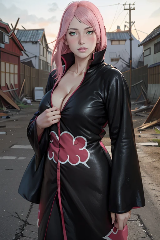 masterpiece, absurdres, sakura\(boruto\), 1girl, solo,mature female, perfect composition, detailed lips, big breast, cleavage, collarbone, beautiful face, body propotion, blush, (pink lips), long hair, green eyes, super realistic, detailed, photoshoot, absurdreest quality), (masterpiece),(ultra-detailed:1.2),(photorealistic:1.1),(highres), (akatsuki outfit, black cloak open, long sleeves, robe, black coat), labret piercing, upper body closeup, (((in a ruined street, Destroyed anime village background))), realistic face and body, (tying hair with on hand), (holding sword in one hand)