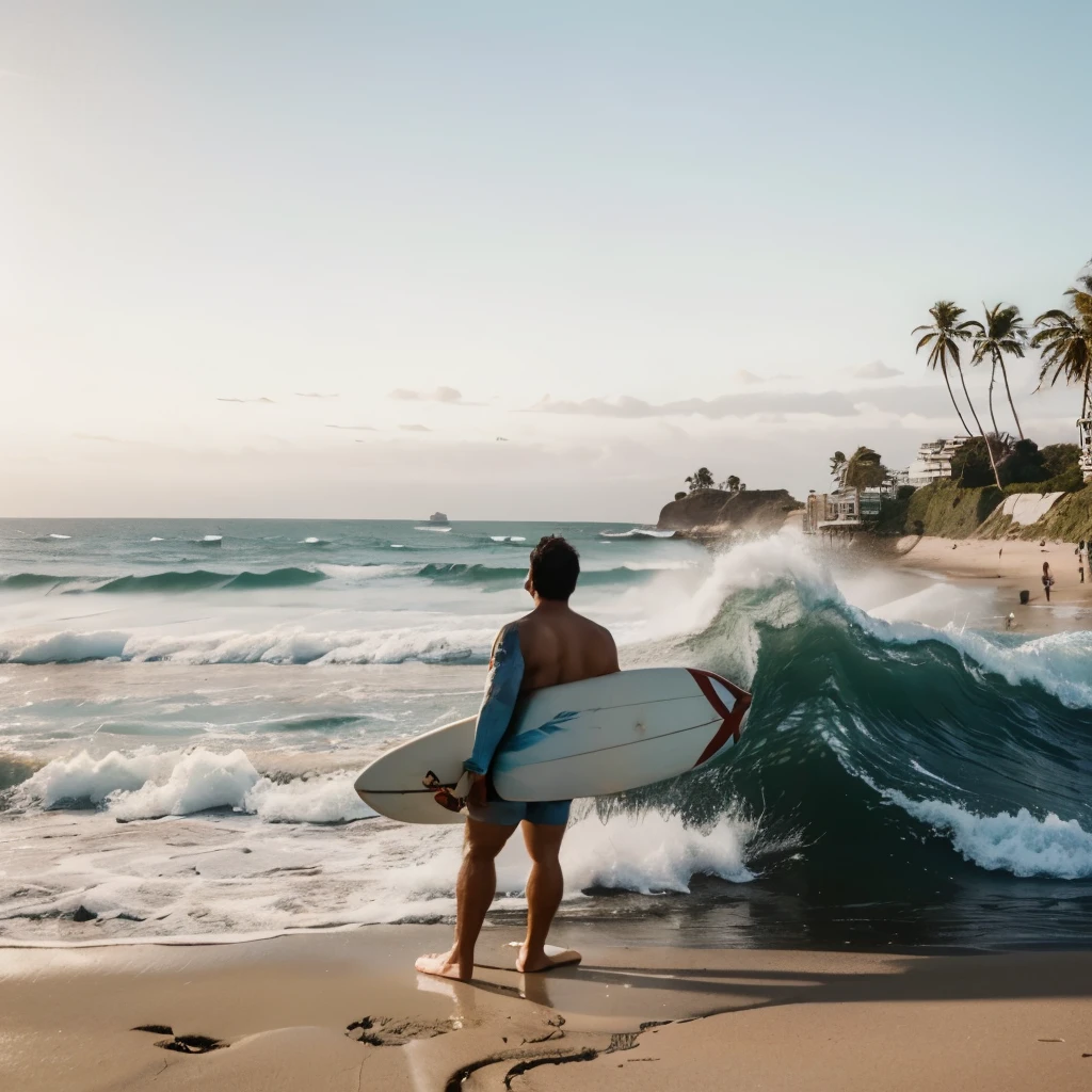A 30-year-old man, rubio y guapo, con una tabla de surf mirando al mar. Una imagen realista como de influencer de Instagram