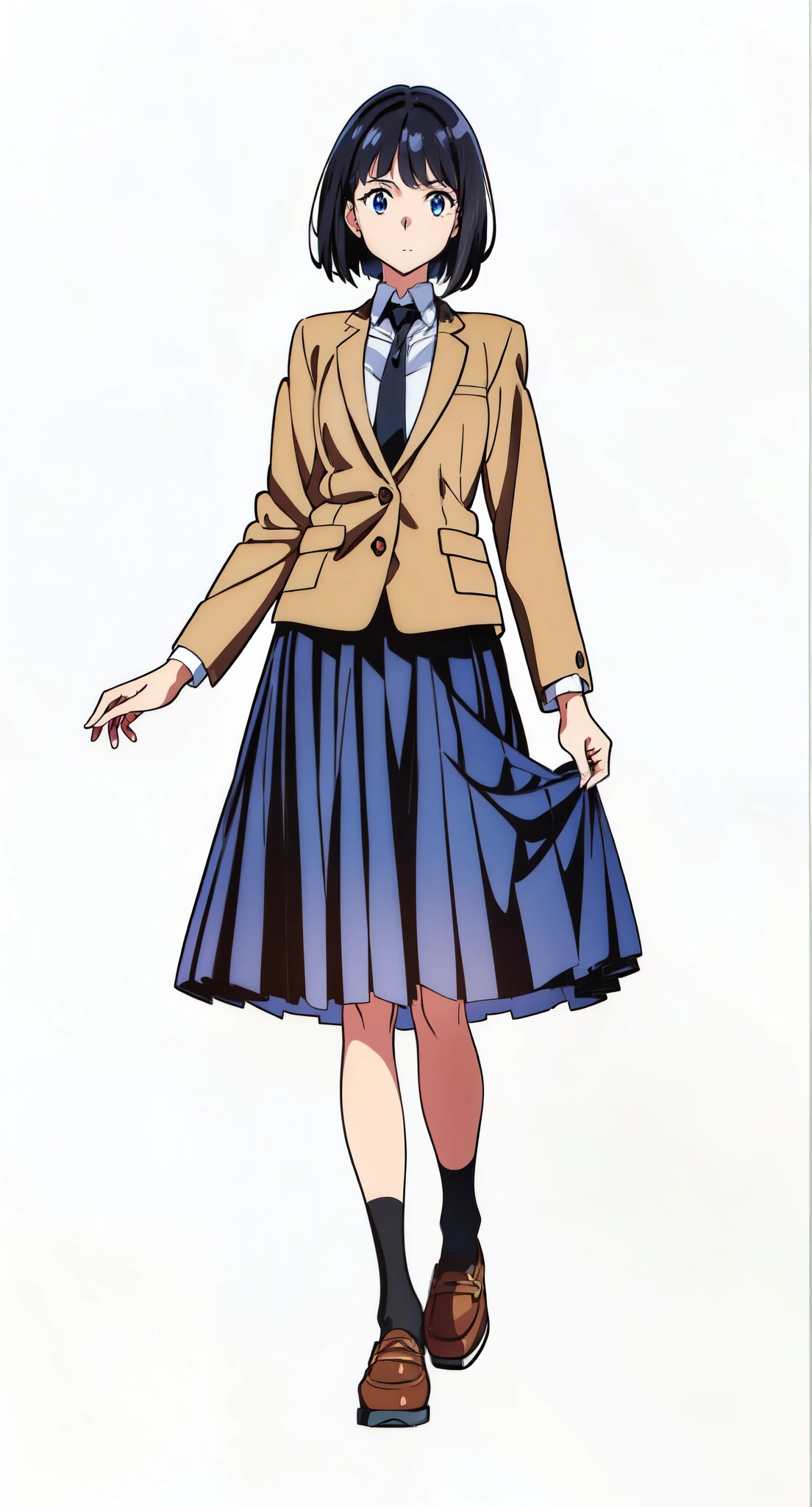 (best quality:2.0), (tareme:1.5), (standing:1.5), (looking at viewer:1.5), (white background:1.0), (anime:2.0), (official art:2.0), (best quality:2.0), (masterpiece:1.0), (full body:1.0), (solo:1.0), (a 18yo cute girl:1.0), (long skirt:1.0), (dark blue skirt:1.0), (pleated skirt:1.0), (school uniform beige blazer:1.0), (dark blue necktie:1.0), (loafers:1.0), (black socks:1.0), (ideal ratio body proportions:1.0), (lanky:1.0), (tall:1.0), (slender:1.0), (small breasts:1.0), (smaller face:1.0), (tareme:1.5), (detailed beautiful eyes:1.5), (detailed beautiful face:1.5), (glowing black eyes:1.1), (bob cut hair:1.0), (black hair:1.0)