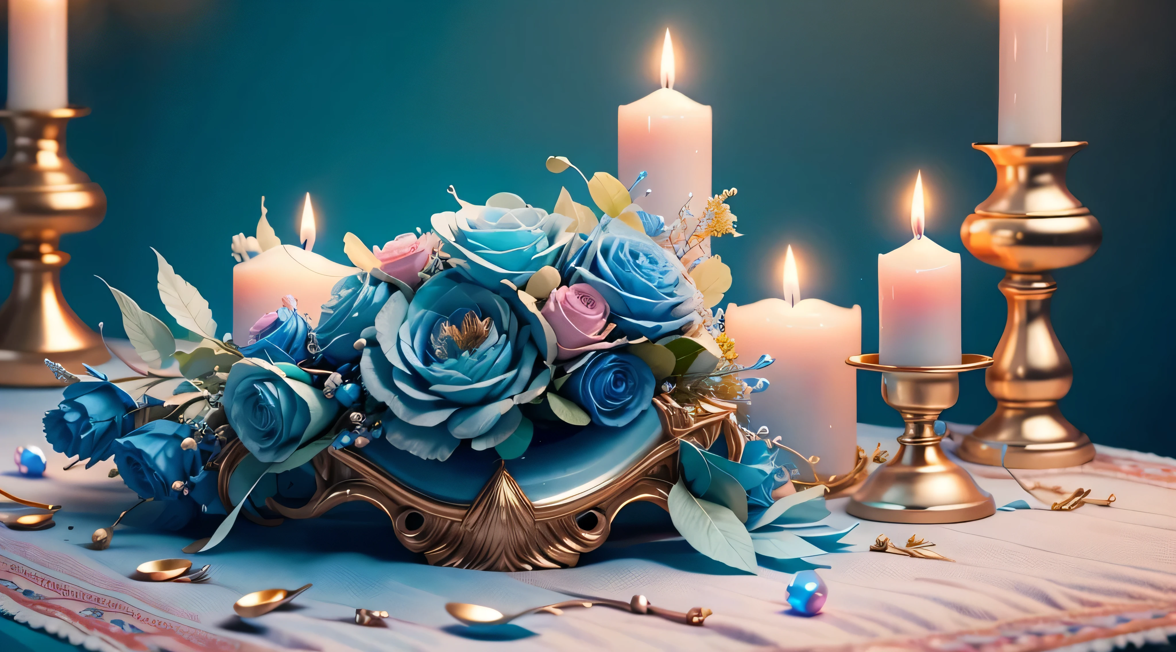 blue candle, yellow candle, pink candle lit, light blue background, realistic, best quality, high details, sharp focus