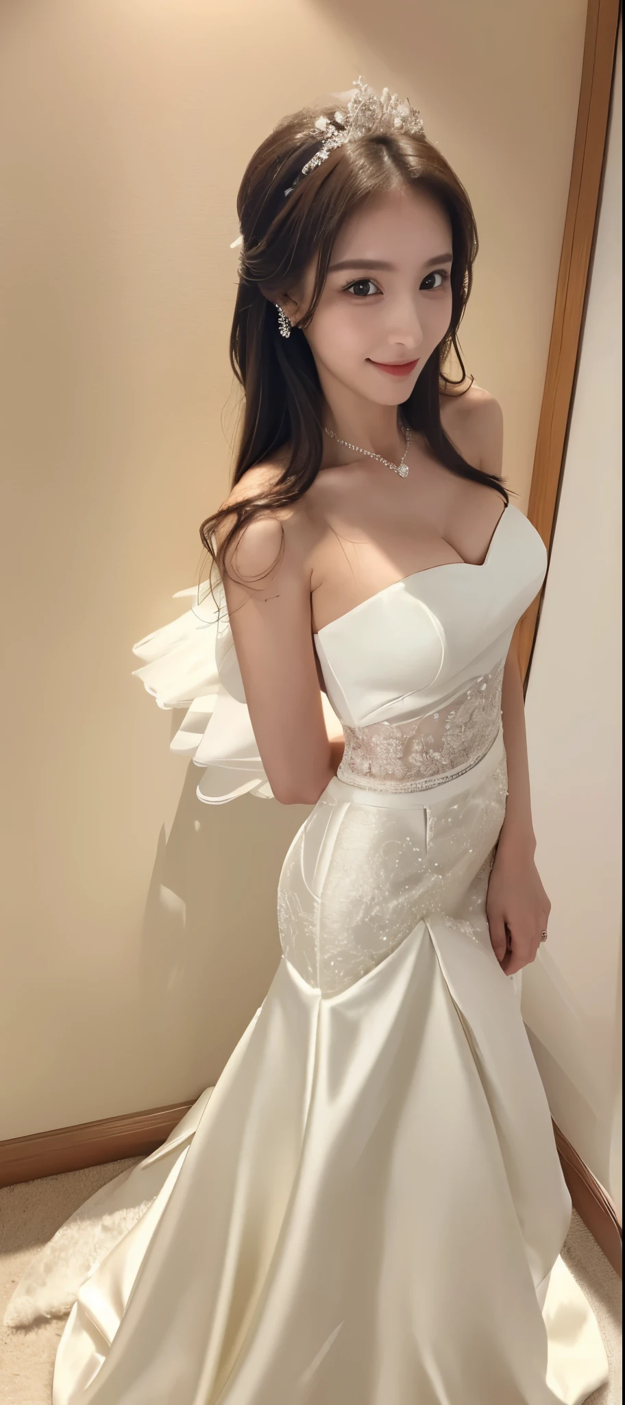 ((Best Picture Quality, 8k, tmasterpiece:1.3)), 1girl, perfect figure beautiful woman:1.3, ,((wedding gown,short skirt)),Ultra-fine face, 詳細な目, 二重まぶた,ssmile