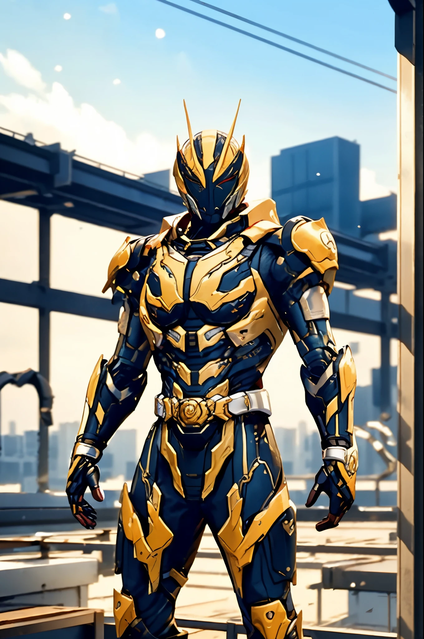A super a high-tech biotech battle suit, standing on a rooftop, looking over the city, Japanese tokusatsu and American comic style, biometallic texture of the suit, sleek and shiny, dynamic, fast, natural light, cinematic, high quality, high resolution, high detail, sophisticated design, dramatic, high definition, ultra-detailed, ultra-fine painting, extremely delicate, creativity, Natural light, cinematic lighting, best shadow, masterpiece-anatomy-perfect
