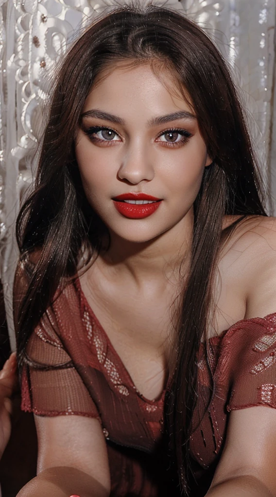 detailed woman face looking at the camera, dark brown eyes, hot thick red lips, mouth open with sensuality, correct deformed fingers, photorealistic, sharpened eyes, (((eyes to the camera))) smiling