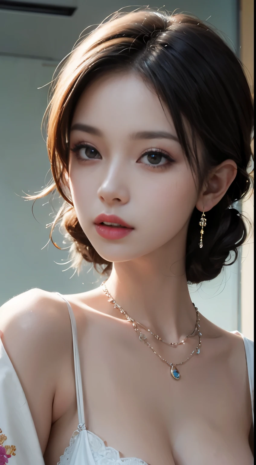 (​masterpiece)、(top-quality)、(Realistic)、Charming daughter、Portrait of a beautiful girl、1girl in、Beautiful clear eyes and detailed eyes、Glitter eyes、Shining Ace Perfect、Perfect eyes、Perfect iris、Perfect lips、perfect teeth、flawless skin、Beautiful nose、Beautiful mouth、beautiful lip skin、portrait shooting、Professional artwork、in 8K、Photorealsitic、Beautiful embroidered kimono、Elegant face、perfect anatomia、Perfect female body:1.4、Ultra-realistic painting:1.4、Ultra-precision painting:1.4、nffsw:1.4、corporate offices、Raw photography、a necklace、耳环、magnifica、Breast size is F cup