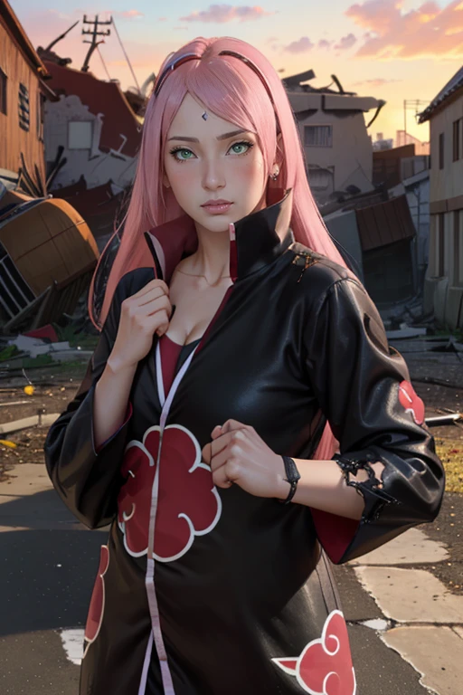 masterpiece, absurdres, sakura\(boruto\), 1girl, solo,mature female, perfect composition, detailed lips, big breast, cleavage, collarbone, beautiful face, body propotion, blush, (pink lips), long hair, green eyes, super realistic, detailed, photoshoot, absurdreest quality), (masterpiece),(ultra-detailed:1.2),(photorealistic:1.1),(highres), (akatsuki outfit, black cloak open, long sleeves, robe, black coat), labret piercing, upper body closeup, (((in a ruined street, Destroyed anime village background))), realistic face and body, (hands on hair)