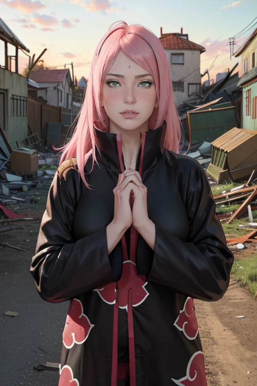 masterpiece, absurdres, sakura\(boruto\), 1girl, solo,mature female, perfect composition, detailed lips, big breast, cleavage, collarbone, beautiful face, body propotion, blush, (pink lips), long hair, green eyes, super realistic, detailed, photoshoot, absurdreest quality), (masterpiece),(ultra-detailed:1.2),(photorealistic:1.1),(highres), (akatsuki outfit, black cloak open, long sleeves, robe, black coat), labret piercing, upper body closeup, (((in a ruined street, Destroyed anime village background))), realistic face and body, (hands on hair)