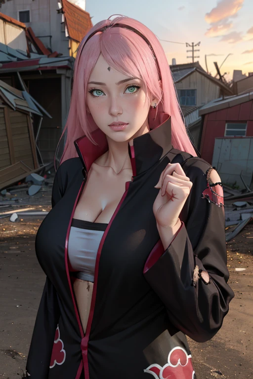 masterpiece, absurdres, sakura\(boruto\), 1girl, solo,mature female, perfect composition, detailed lips, big breast, cleavage, collarbone, beautiful face, body propotion, blush, (pink lips), long hair, green eyes, super realistic, detailed, photoshoot, absurdreest quality), (masterpiece),(ultra-detailed:1.2),(photorealistic:1.1),(highres), (akatsuki outfit, black cloak open, long sleeves, robe, black coat), labret piercing, upper body closeup, (((in a ruined street, Destroyed anime village background))), realistic face and body, (hands on hair)