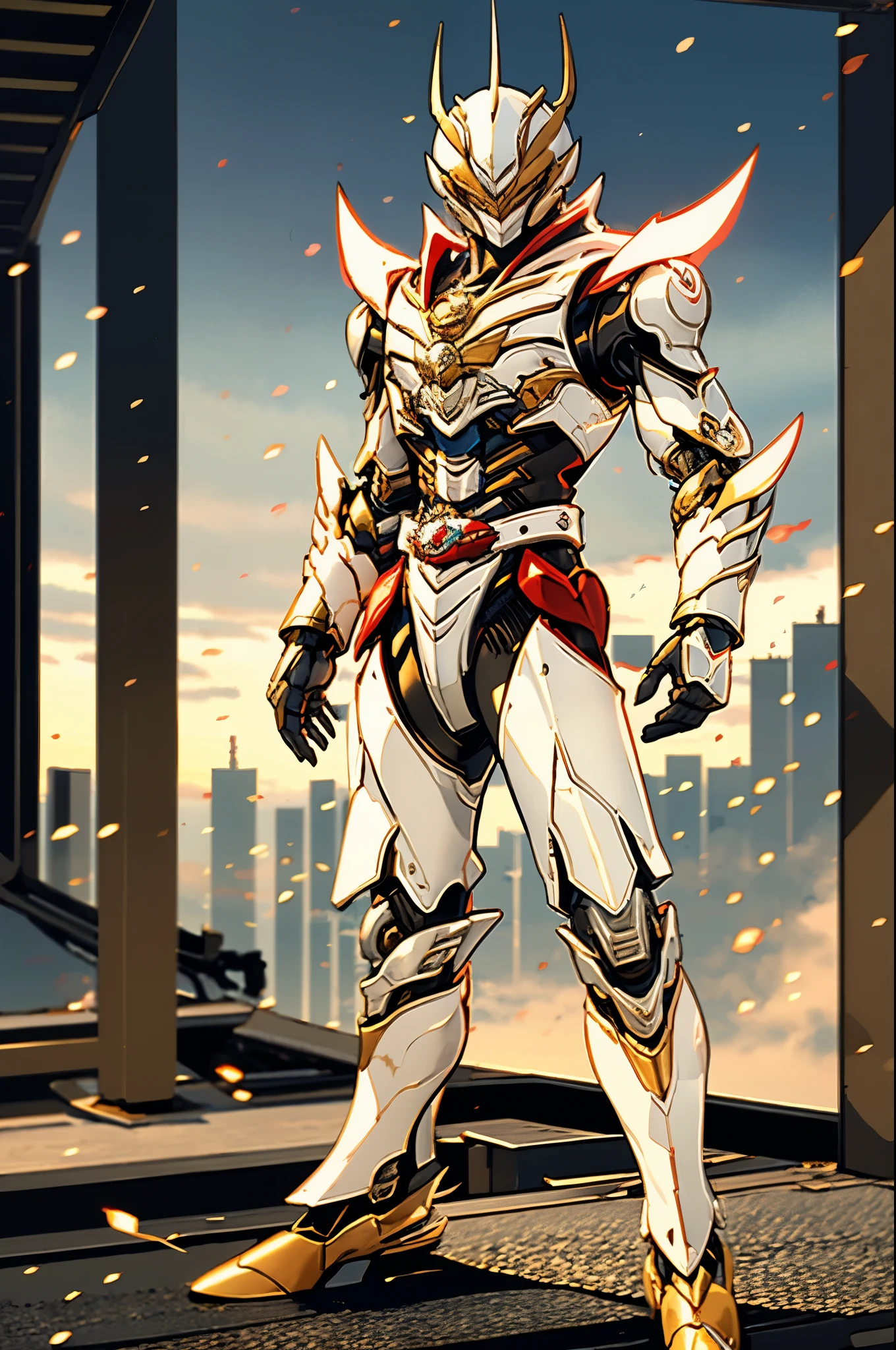 A super a high-tech biotech battle suit, standing on a rooftop, looking over the city, Japanese tokusatsu and American comic style, biometallic texture of the suit, sleek and shiny, dynamic, fast, natural light, cinematic, high quality, high resolution, high detail, sophisticated design, dramatic, high definition, ultra-detailed, ultra-fine painting, extremely delicate, creativity, Natural light, cinematic lighting, best shadow, masterpiece-anatomy-perfect