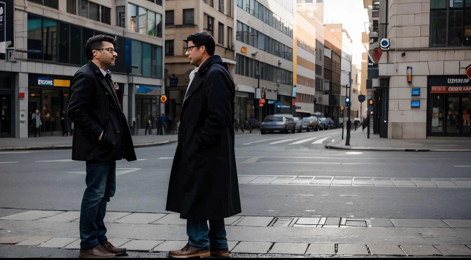 two men talking in a square