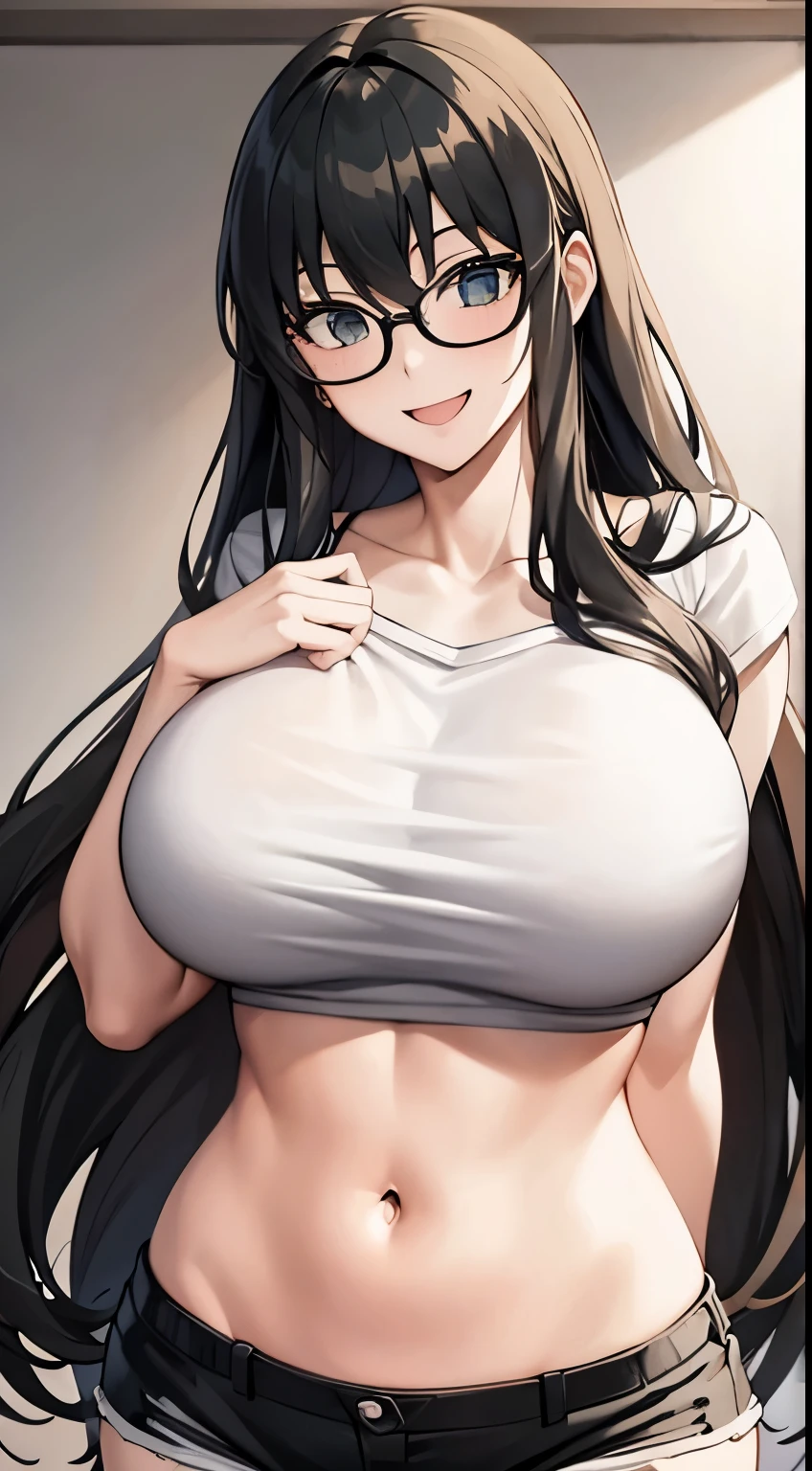 1 milf, long hair, very big breasts, very sexy body, smiling, wearing a glasses, wearing a white t-shirt that shows off his sexy stomach, wearing black shorts