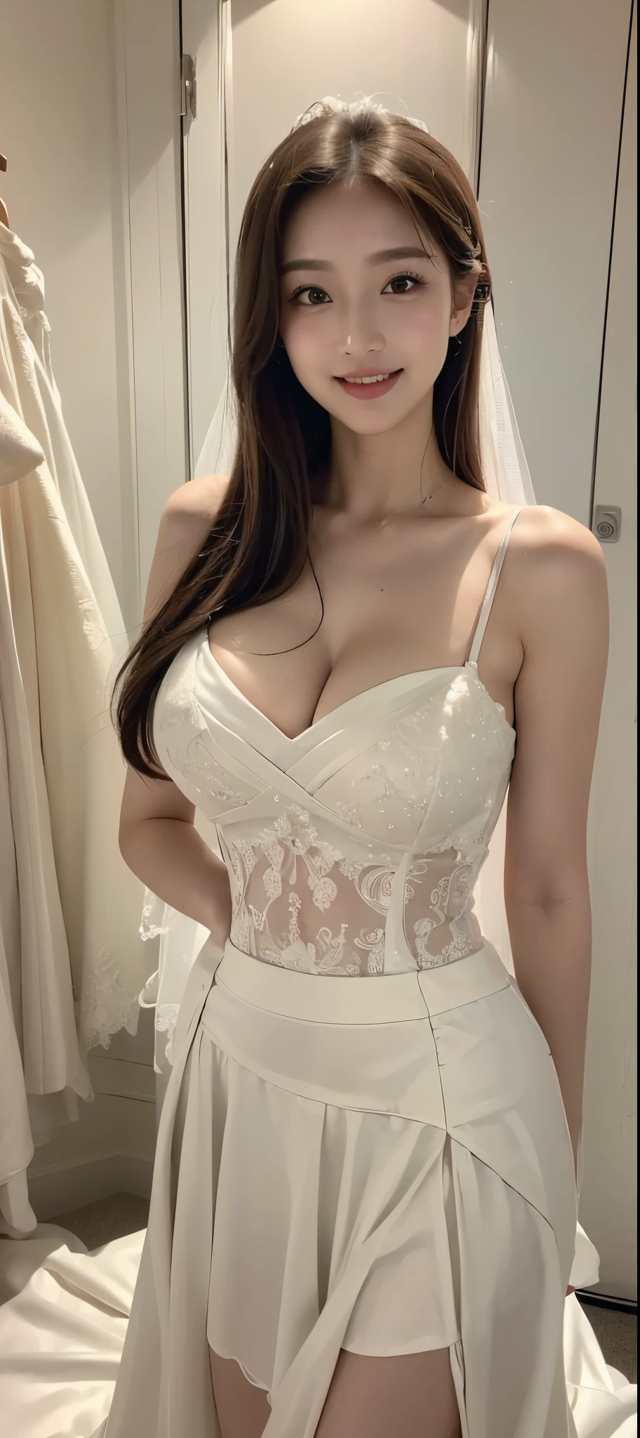 ((Best Picture Quality, 8k, tmasterpiece:1.3)), 1girl, perfect figure beautiful woman:1.3, ,((wedding gown,short skirt)),Ultra-fine face, 詳細な目, 二重まぶた,ssmile
