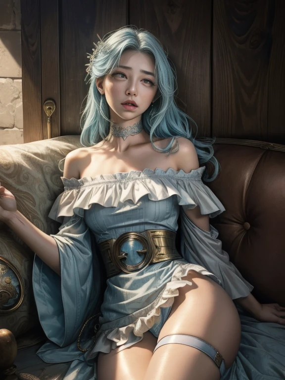 RAW, masterpiece, ultra thin photo, best quality, ultra high resolution, photorealistic, sunlight, (medium full shot:1.5), incredibly beautiful, dynamic poses, delicate face, vibrant eyes, (side view), she is using a long medieval dress, multicolored eyes, light blue hair, (beaufiful thigh:1.3), (off-the-shoulder cut top:1.3), medieval city background, highly detailed abandoned, detailed face, detailed and complex busy background, gorgeous, milky white,  Highly detailed skin, realistic skin details, visible pores, sharp focus, volumetric mist, moonlight night, 8k UHD, DSLR camera, high quality, film grain, fair skin, photorealism, lomography, expanding metropolis in medieval dystopia, view from below, translucent, (ahegao:1.5), (rolling eyes:1.5), fainting, legs wide open