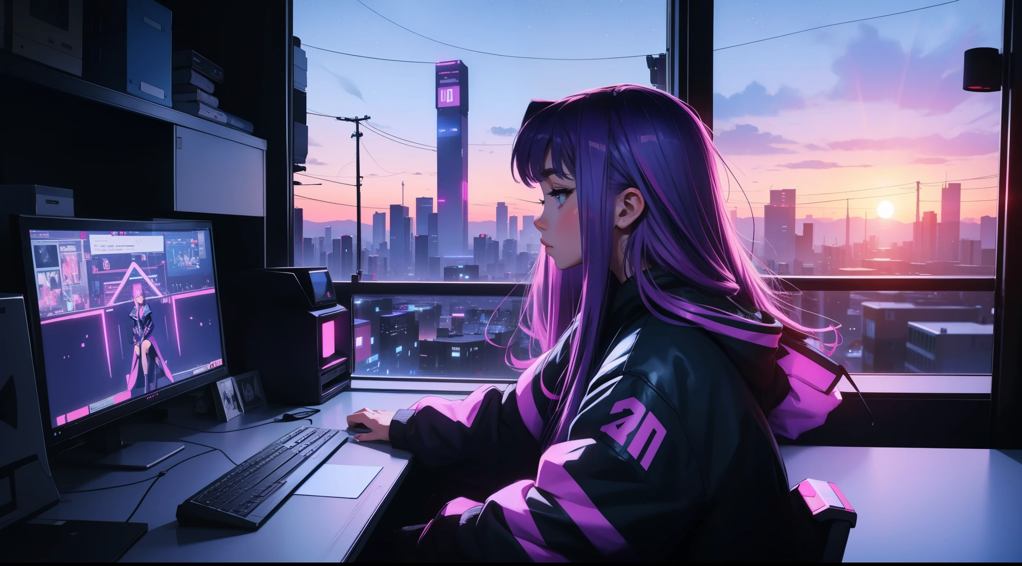 Cyberpunk, a girl, solo anime girl, sitting by the window, coding at the computer, panoramic view, voyage de nuit, beautiful starry sky, Une belle fille avec, UHD Portrait, (High quality) (ultra details) Regarder le spectateur en tenue de ville de style hip-hop; different, colourfull, colored long hair 🌈, sunset, blue purple,synthwave