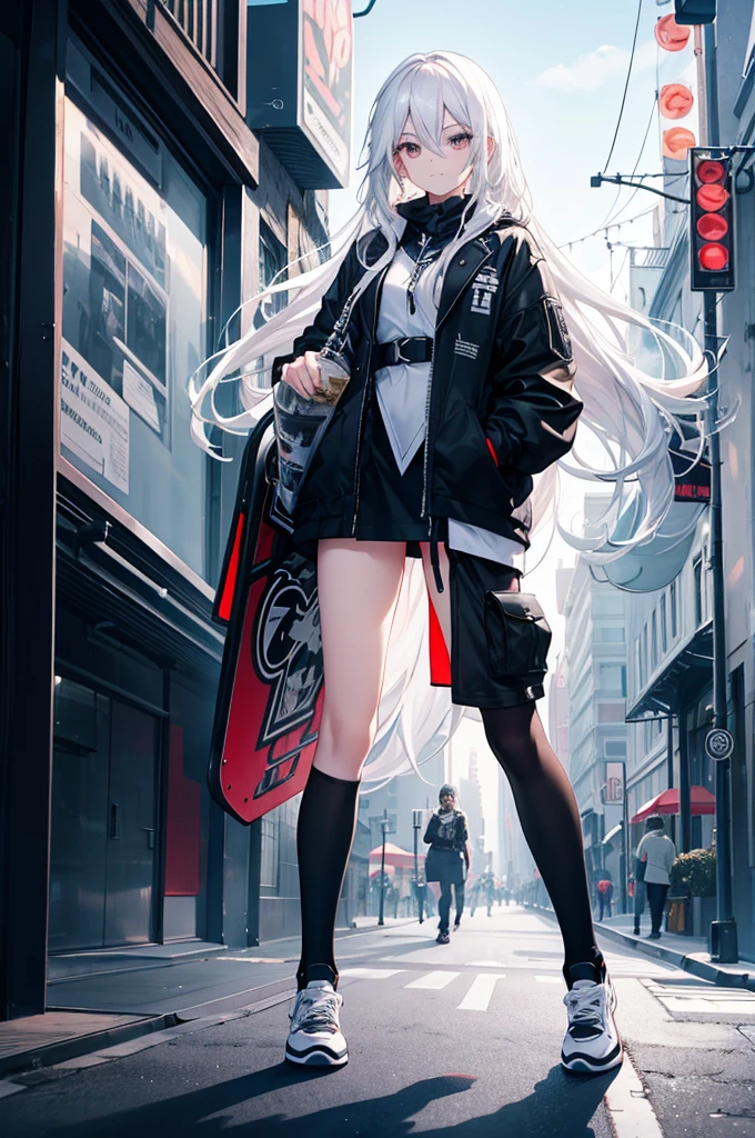 Wallpapers,Handsome and cold girl,Long white hair,Wearing black and white street dance costumes,Skateboard in hand,Behind it,Posing handsomely