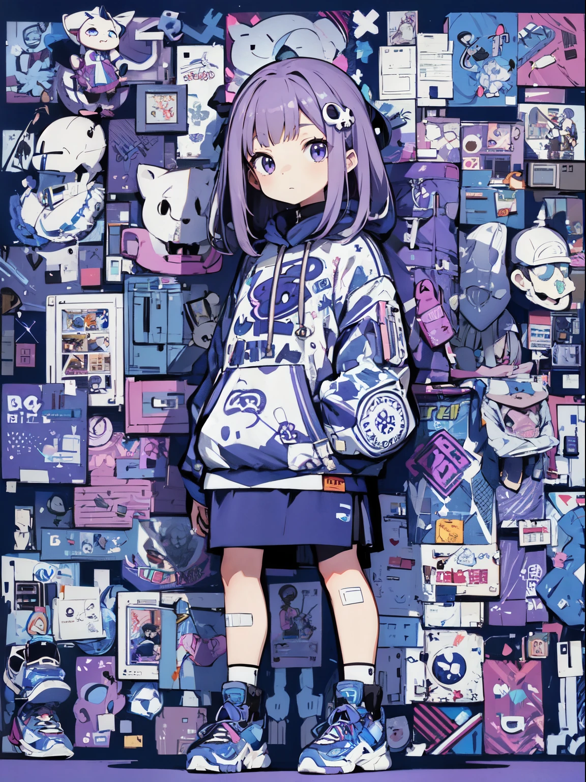 High-quality digital illustration with vibrant colors and clear line art. BREAK Front-facing, full-body portrait of a character. BREAK Character: A young girl with chin-length purple hair, wearing a white and blue oversized hoodie with various prints, a short navy skirt, white socks, and chunky sneakers. She has a neutral expression, with a small skull pin in her hair. BREAK Background: A collage of diverse elements and characters, including stuffed animals, abstract shapes, and technological items, all in a cohesive blue and purple color scheme.