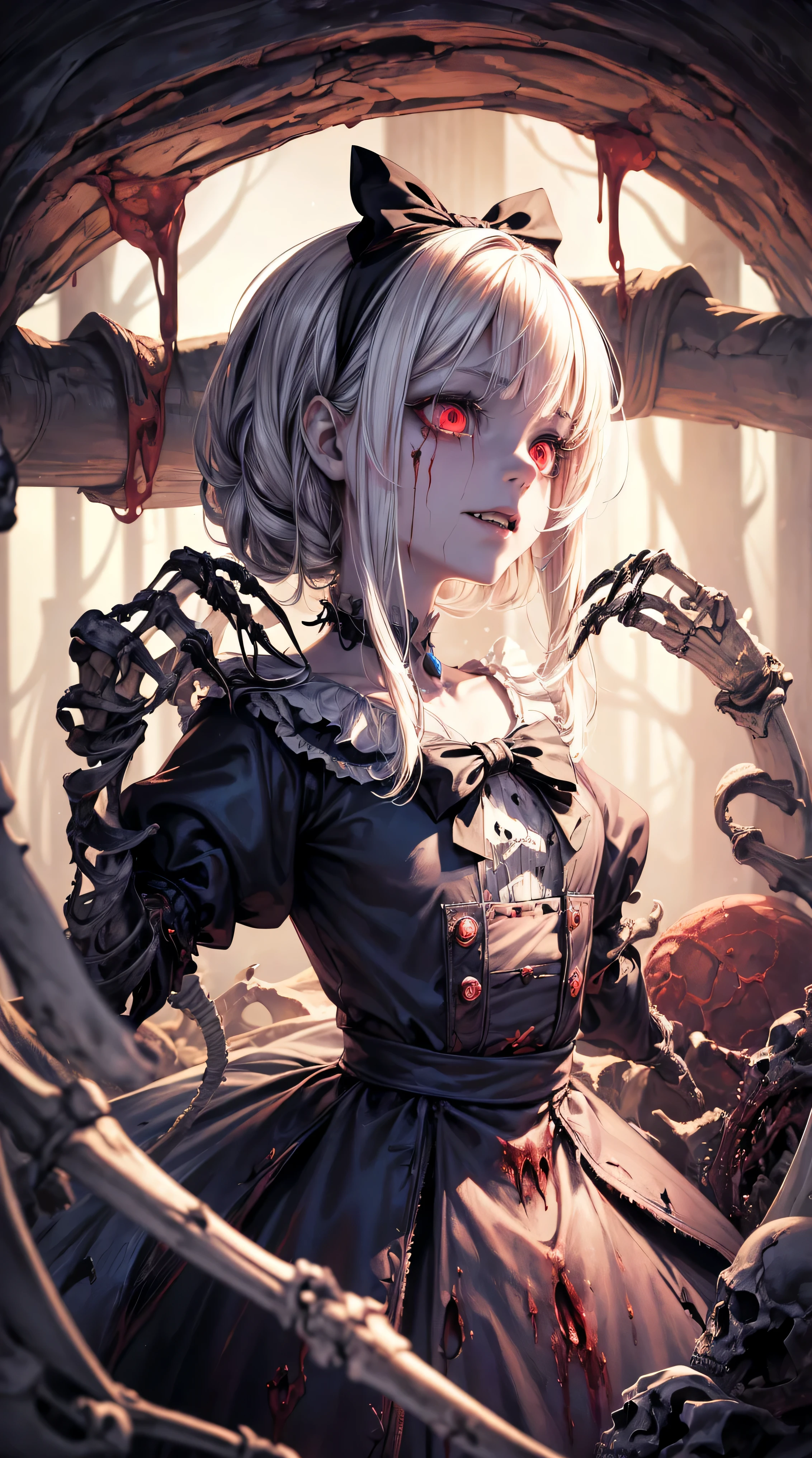 (((Alice in Wonderland:1.1))), 1girl, masterpiece, best quality, 8k, detailed skin texture, detailed cloth texture, beautiful detailed face, intricate details, ultra detailed, (a bow on her head:1.1), BACKLIGHT, realistic art, extremely delicate and beautiful, ultra-detailed, 1girl, white hair, vampire, yandere, creepy smile, (((Black goo flowing from eyes, eldritch Horror, skeleton, exposed Bone, bleeding, undead, rotting, ripped flesh, ((Blood)), gore, creepy, scary, monster, evil, insane ))) glowing dark red eyes, floating, detailed light, illustration, dynamic angle, depth of field, Short Vampire girl, long hair, ((white hair)), showing fangs, pale white skin, (ultra high res, best quality,), (8k, raw photo, best quality, masterpiece), technological sense, best quality, masterpiece, illustration,CG ,unity ,wallpaper, official art, Amazing, finely detail, an extremely delicate and beautiful,extremely detailed, highly detailed, sharp focus,rich background, (real person,photograph), ((high detailed skin))