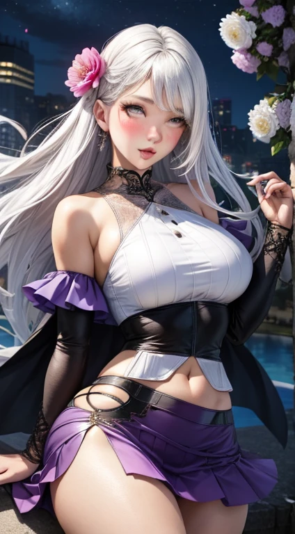 realistic, 1girl, white hair, purple eyes, bright eyes, cropped top, skirt, lips half-open, blush, night, flowers, sun, sunlight, ultra sexy, big butt skirt, (ahegao:1.1), (rolling eyes:1.1)