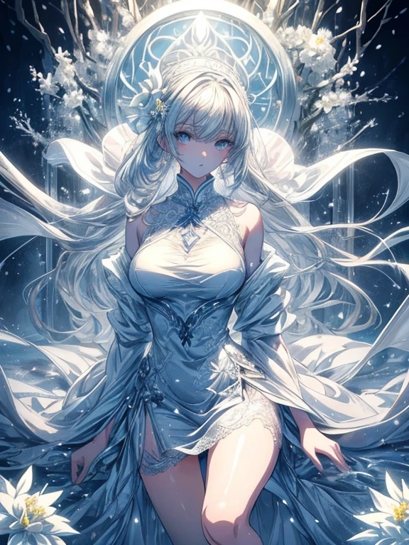 Paradise in Heaven, White lighting,(masutepiece), (Best Quality), (Cinematic), 8K, (art  stations), Li Yue painting style.(長いWhite hairとSilvery eyesを持つ1人の女), (Beautiful delicate face)、[ Particle Lou Full Moon] [Frozen trees々] [landscape crystal] [Lighting] [Ethereal Atmosphere]:1.1] [Fantasy, short story] [soft Lighting] [+Cinematic shot]:1.2 [+art  stations] [+luminous white background] [+soft Lighting] [soft glow] [Creative and dynamic angles]:1.3, [+Crystal Toning] 、masutepiece, ighly detailed, Ultra-detailed, Solo, (pale skin), Silvery eyes, White hair, (snowy background), (snowflake rosen flower:1.0), (shining crystal),, (Snowy ground), (White lashes), Female sexy、dreamy and detailed, Gorgeous setting, 妖しい雰囲気 masutepiece, The most beautiful scenes, An majestic、(((full of white flowers)))、quiet and serene atmosphere、A charming, all white tones,Inside the crystal library,Transparent flowers and falling snow，Many white roses are planted,(flowingwater,falls,water bloom),The decoration is also carefully done.,Dreamy（ighly detailedです，Creative Design，crisp and precise lines，K HD，best qualtiy，tmasterpiece，超hight resolution，4K）、Diverse poses、((beautiful white flower hair ornament))、Beautiful hairstyle、(Best Quality, 4K, 8K, hight resolution, masutepiece:1.2), Ultra-detailed, Detailed expression, Graceful posture, expressive brush strokes, mystic atmosphere, artistic interpretation,Delicate floral jewelry， (((Detailed design、Beautiful lace translucent dress、see-through small dress)))、(SFW:1.5), (Oversized breasts, best body proportions, proportions of large breasts,:1.5),(white decoration on thigh)、((Beautiful crystal accessories on the legs))。((Beautiful crystal accessories on the arm))、(((Design with a wide open chest)))