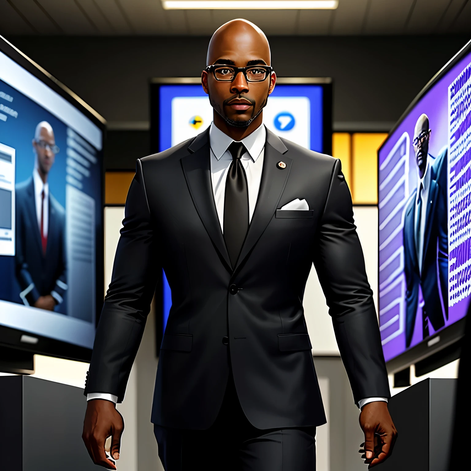I want an incredible realistic photo of a black man, bald 43 years old in a suit, with glasses standing in front of TVs looking at the graphics from the side