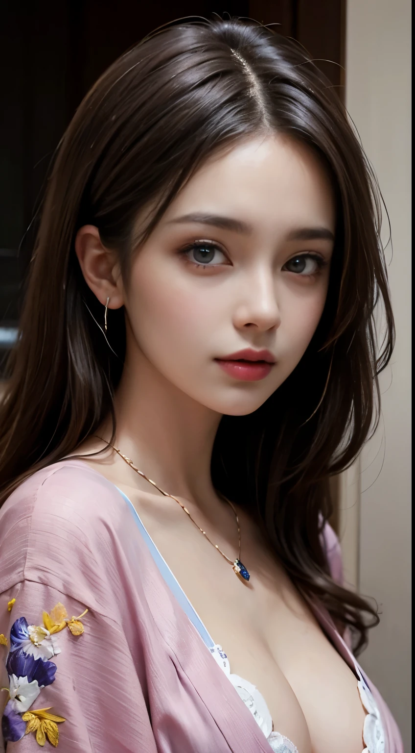 (masterpiece)、(top-quality)、(Realistic)、Charming daughter、Portrait of a beautiful girl、1girl in、Beautiful clear eyes and detailed eyes、Glitter eyes、Shining Ace Perfect、Perfect eyes、Perfect iris、Perfect lips、perfect teeth、flawless skin、Beautiful nose、Beautiful mouth、beautiful lip skin、portrait shooting、Professional artwork、in 8K、Photorealsitic、Beautiful embroidered kimono、Elegant face、perfect anatomia、Perfect female body:1.4、Ultra-realistic painting:1.4、Ultra-precision painting:1.4、nffsw:1.4、corporate offices、Raw photography、a necklace、耳环、magnifica、Breast size is F cup