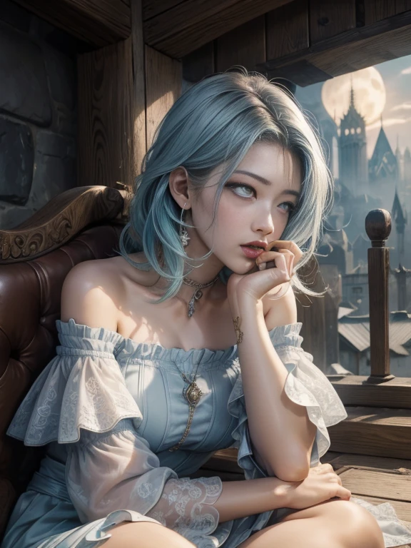 RAW, masterpiece, ultra thin photo, best quality, ultra high resolution, photorealistic, sunlight, (medium full shot:1.5), incredibly beautiful, dynamic poses, delicate face, vibrant eyes, (side view), she is using a long medieval dress, multicolored eyes, light blue hair, (beaufiful thigh:1.3), (off-the-shoulder cut top:1.3), medieval city background, highly detailed abandoned, detailed face, detailed and complex busy background, gorgeous, milky white,  Highly detailed skin, realistic skin details, visible pores, sharp focus, volumetric mist, moonlight night, 8k UHD, DSLR camera, high quality, film grain, fair skin, photorealism, lomography, expanding metropolis in medieval dystopia, view from below, translucent, (ahegao:1.5), (rolling eyes:1.5), fainting, (legs wide open:1.2)