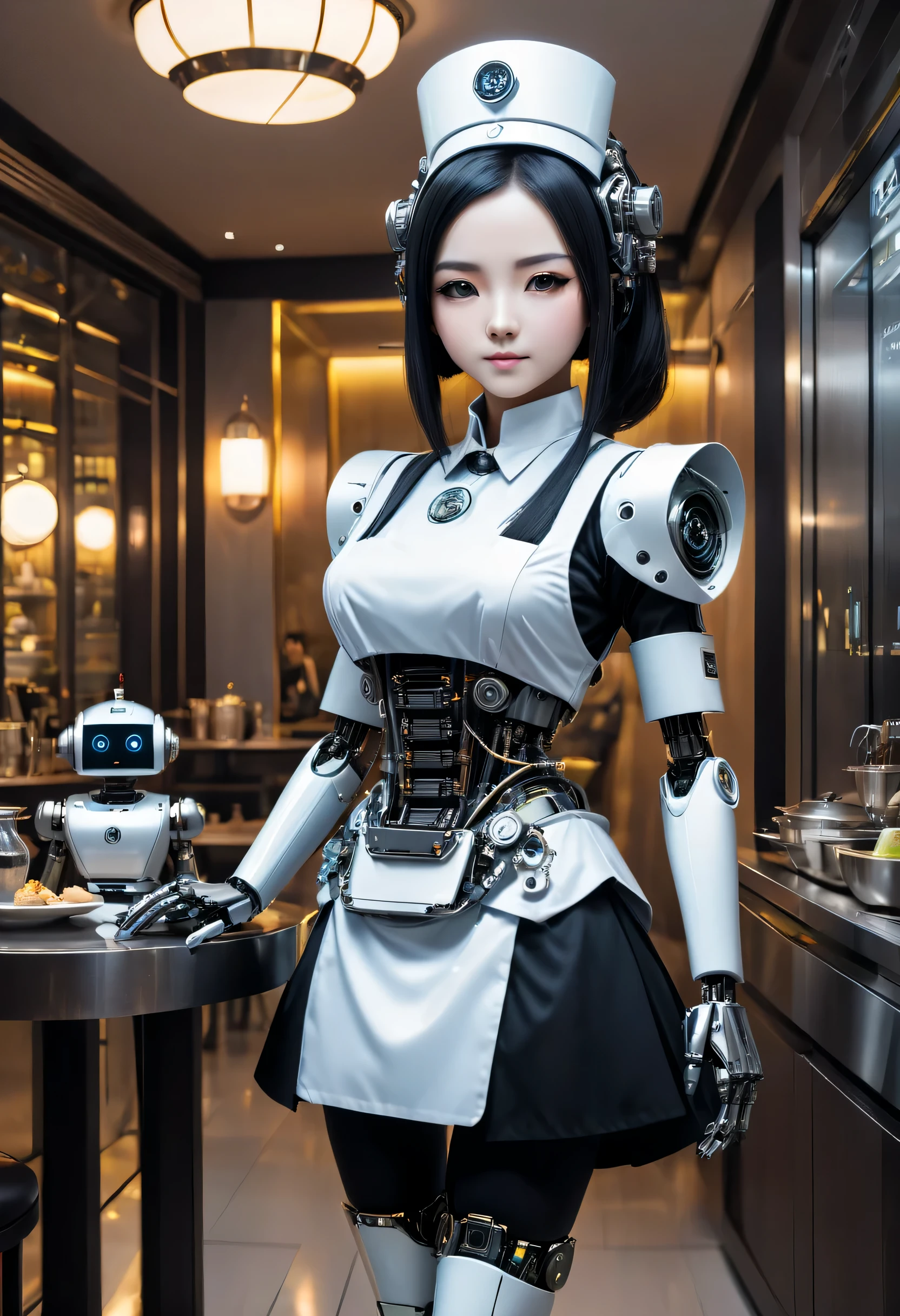 cybernetic maid,Female robot housekeeper, Metal mechanical surface,Mechanical joint,the maid outfit,Female robot wearing housekeeper uniform,Female robot housekeeper负责处理各种家务,futuristic home,Family luxury restaurant,cyber punk personage